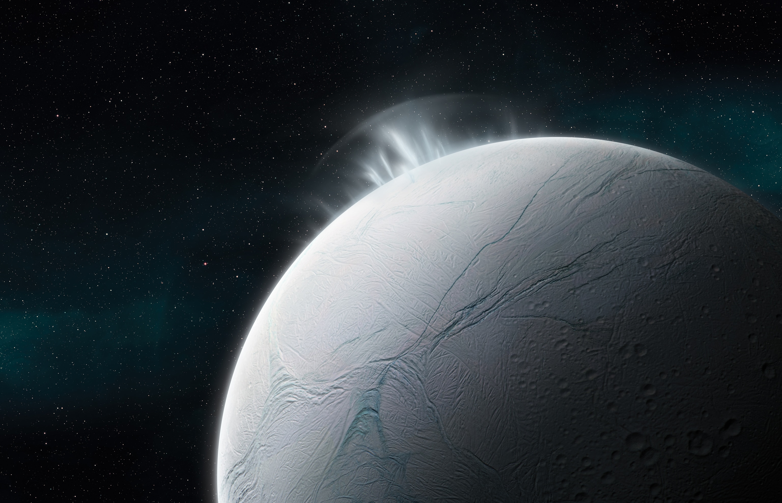 Illustration of vapour plumes erupting from the surface of Enceladus.