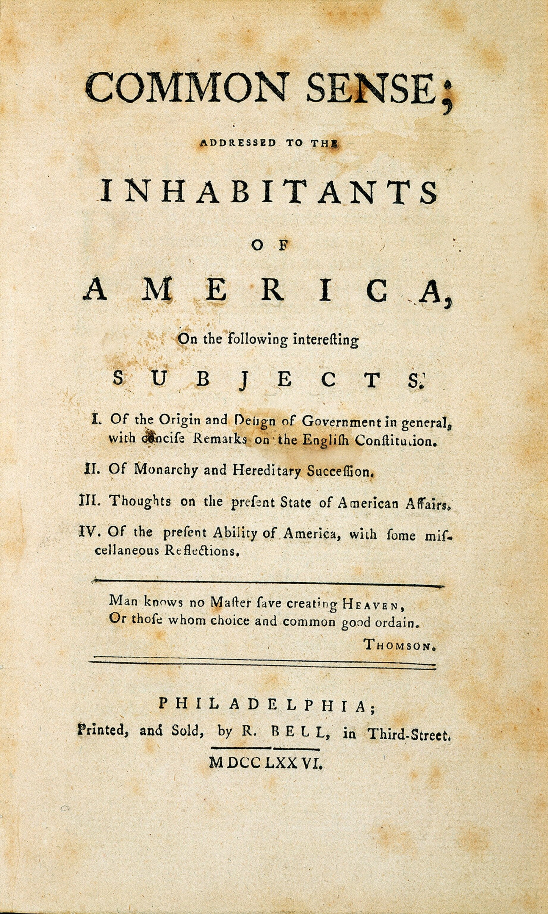 The title page of Thomas Paine's "Common Sense" pamphlet, published in 1776, is pictured.
