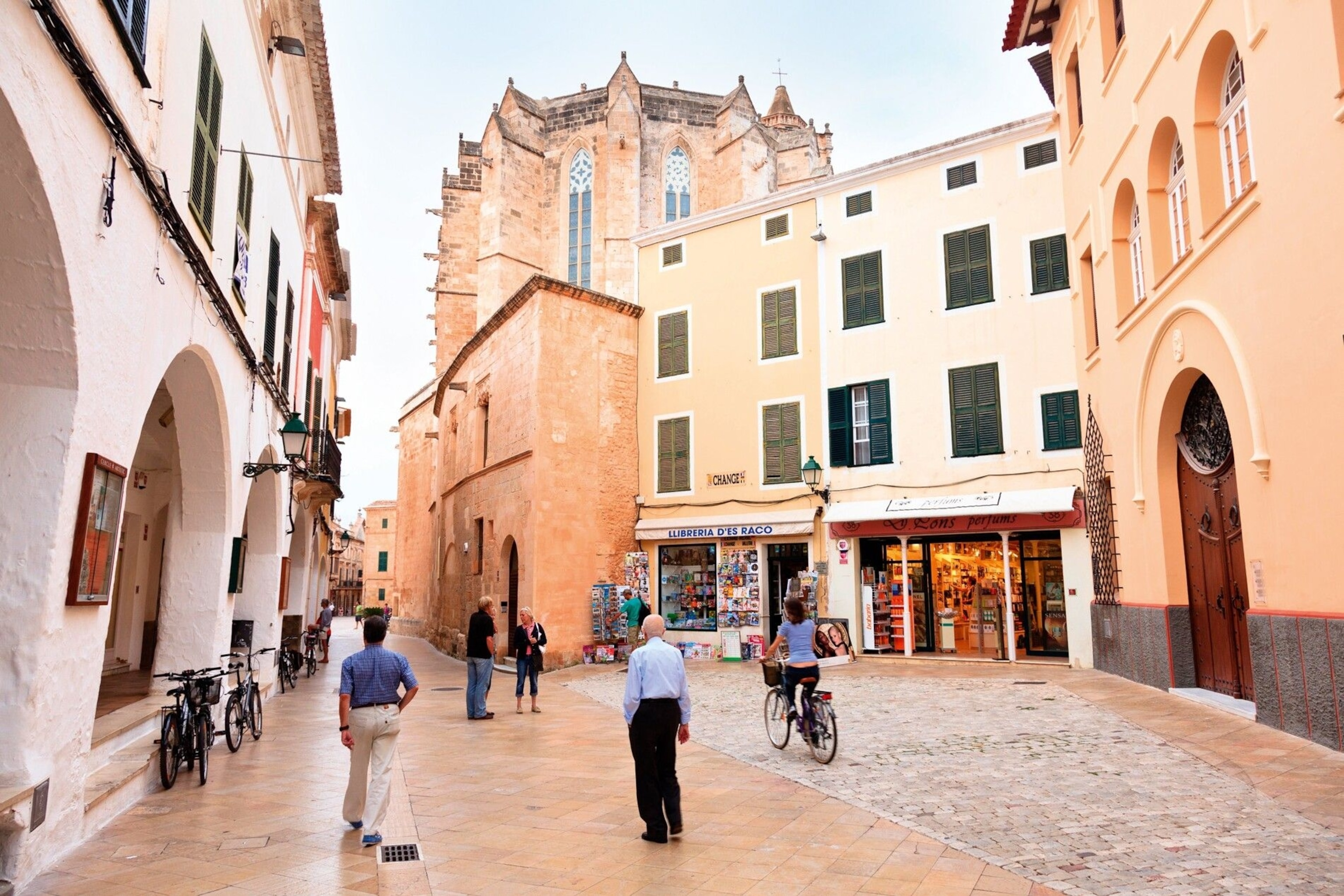 Street life in Ciutadella, overlooked by Menorca Cathedral