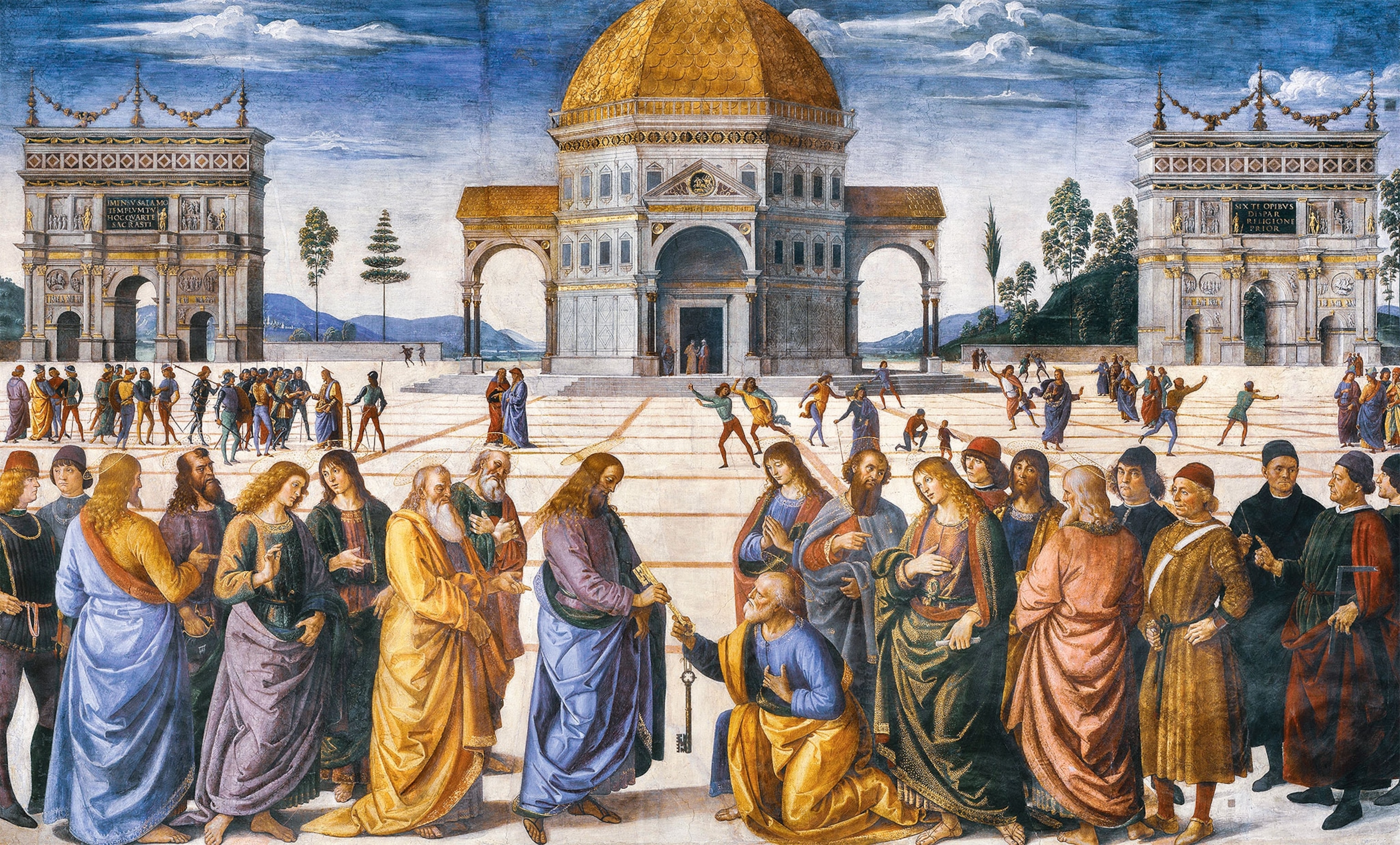 Jesus Christ hands the keys to heaven to a kneeling St. Peter, surrounded by other men, in a fresco painting.
