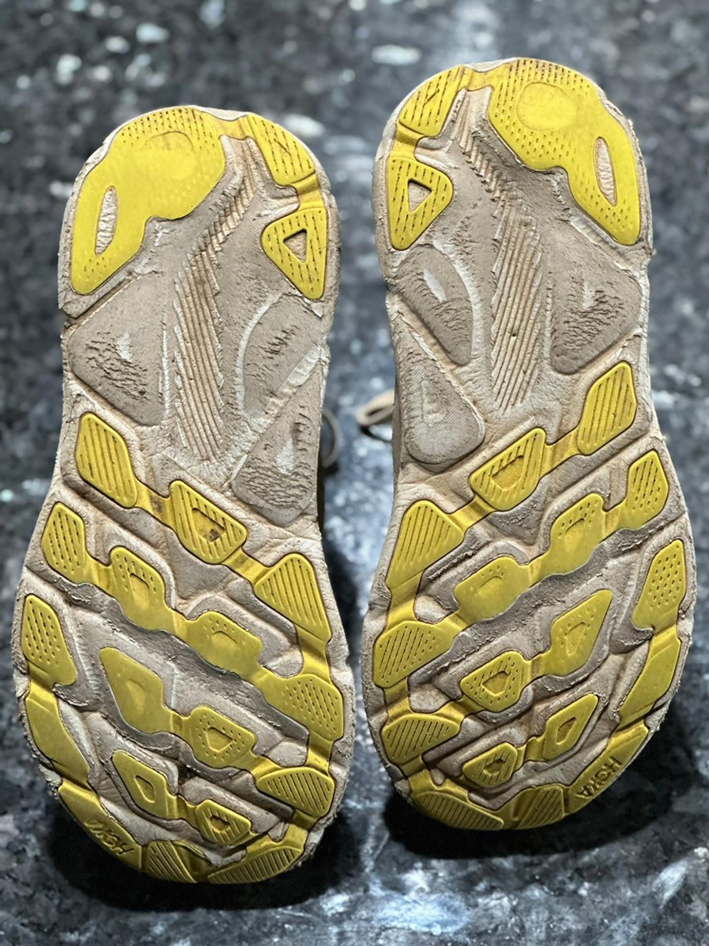 The soles of the Hoka Clifton 9 shoes