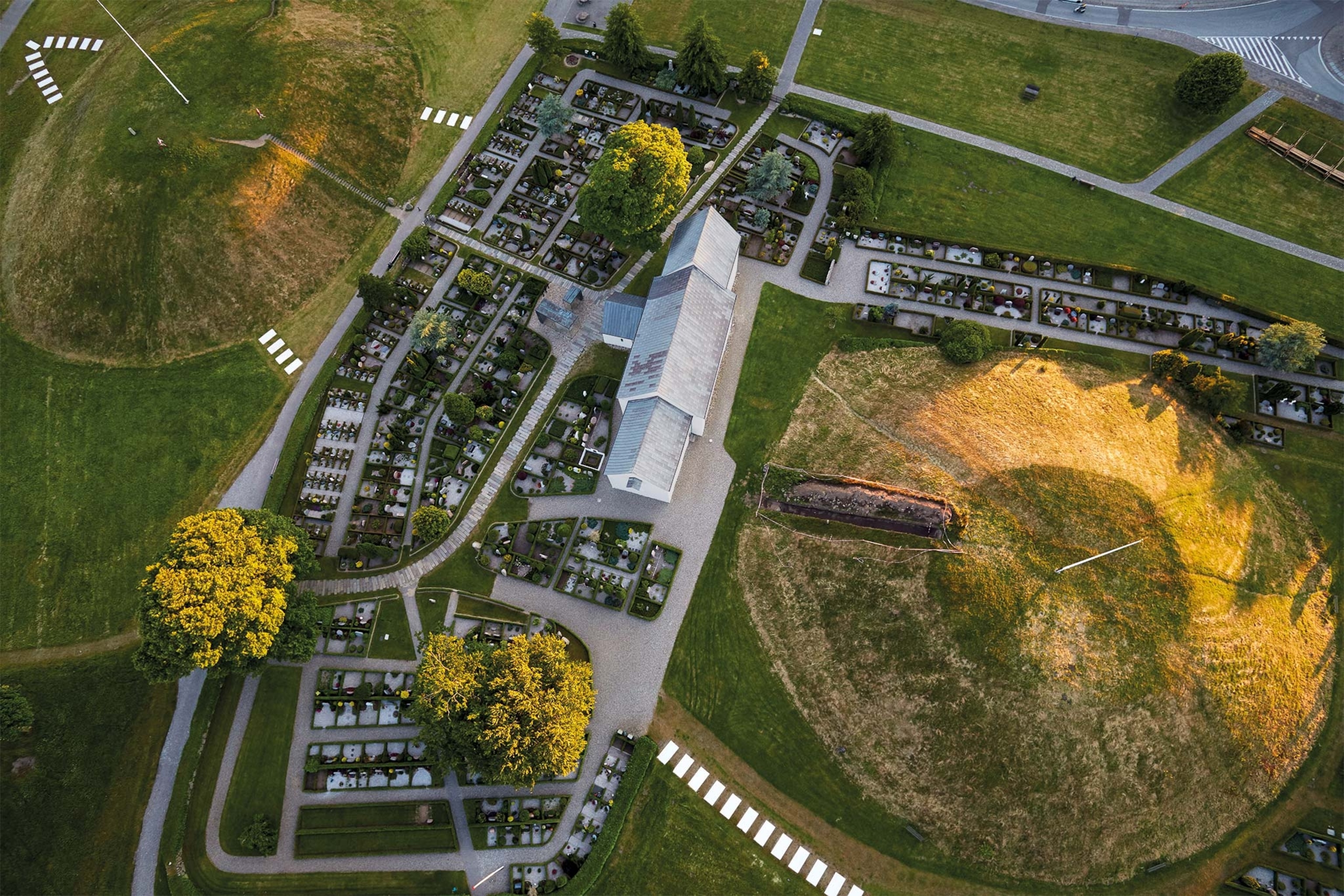 An aerial image of Jelling's mounds