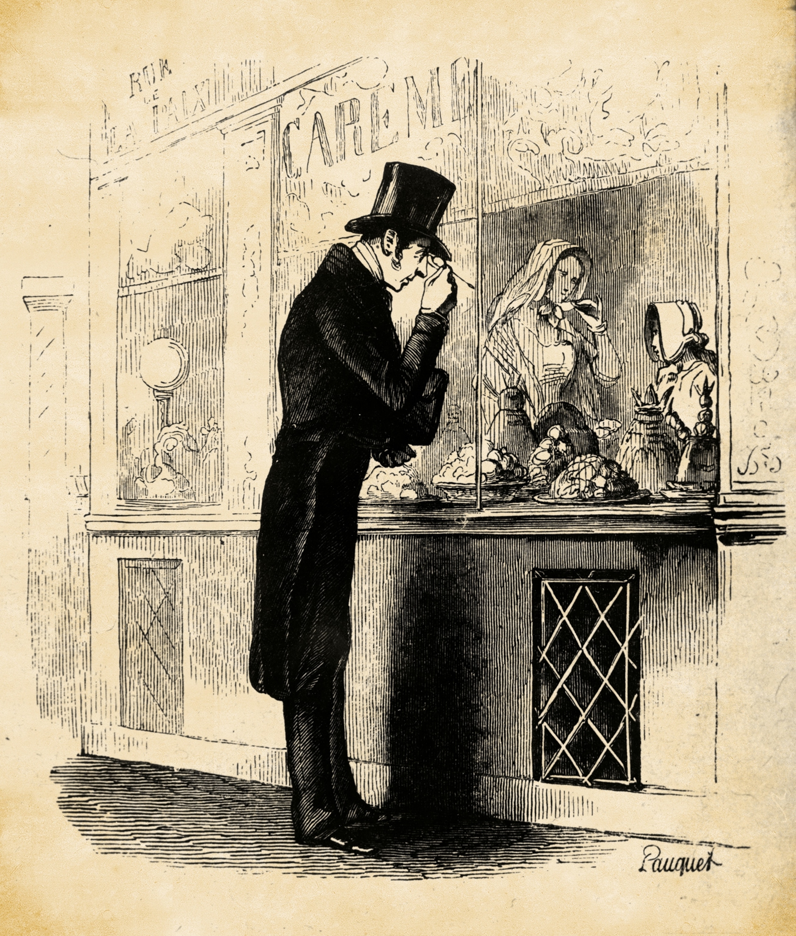 A customer examines the creations at Carême's shop in an 1835 engraving.