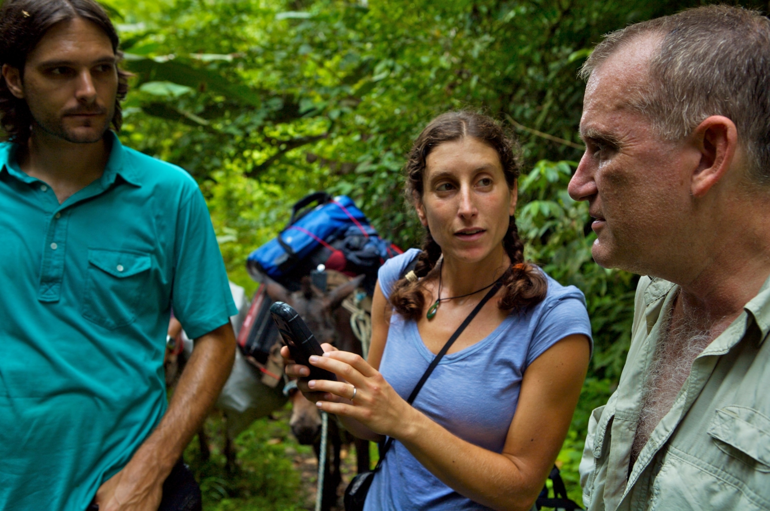 a team taking a GPS reading in the Nari Awari Indigenous Reserve, Costa Rica