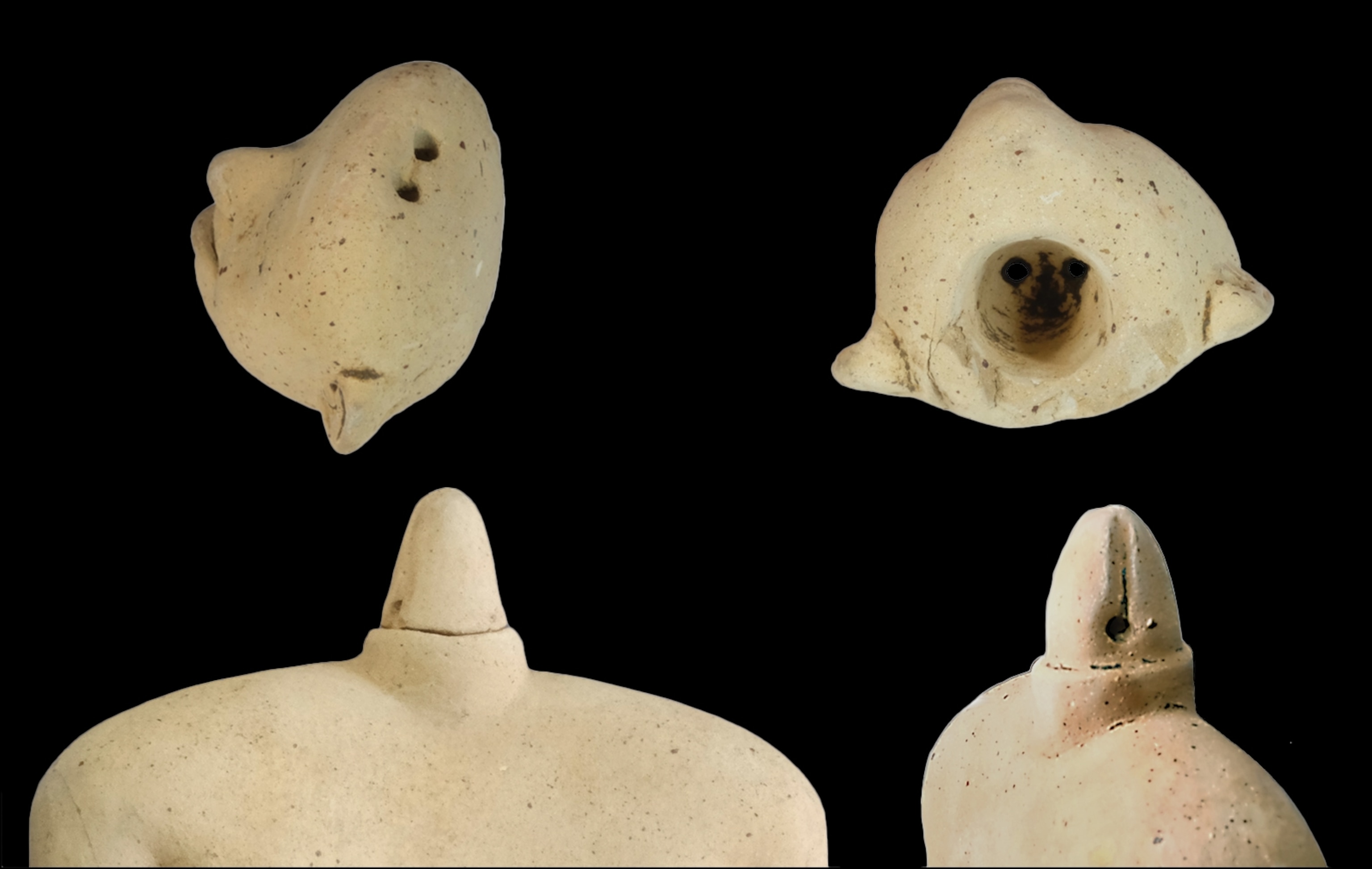 The torso and head portions of one of the larger ceramic dolls, showing a protrusion from the torso upon which a socket within the head can rest, allowing the head to then articulate.