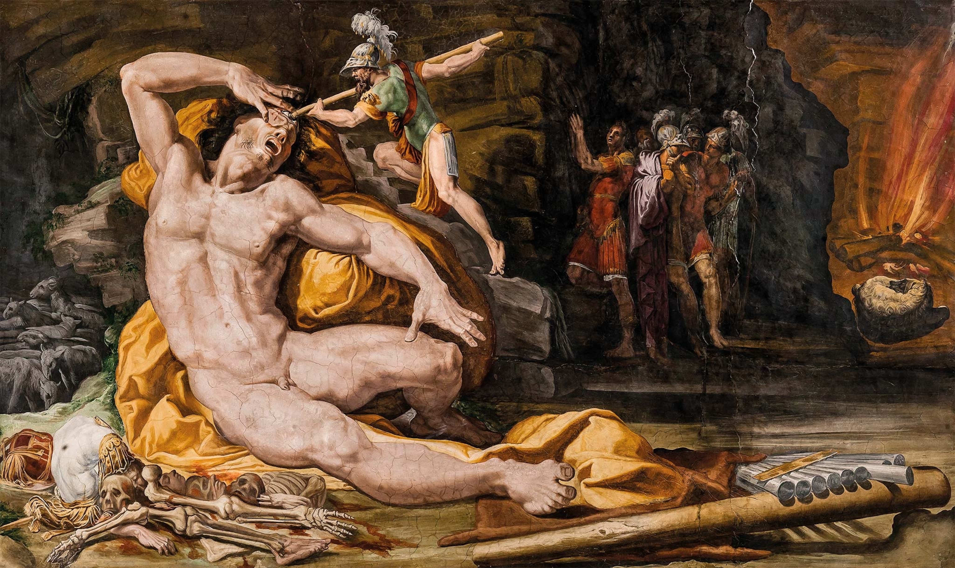 With characteristic cunning, Odysseus intoxicates and blinds the Cyclops Polyphemus, son of the sea god Poseidon, in a circa 1550 fresco by Pellegrino Tibaldi.