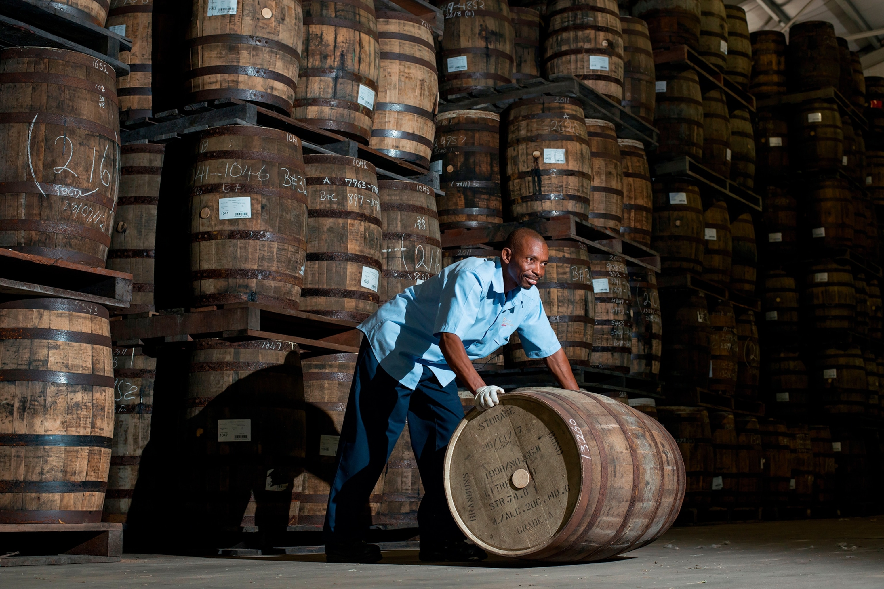 a man rolling a large barrell