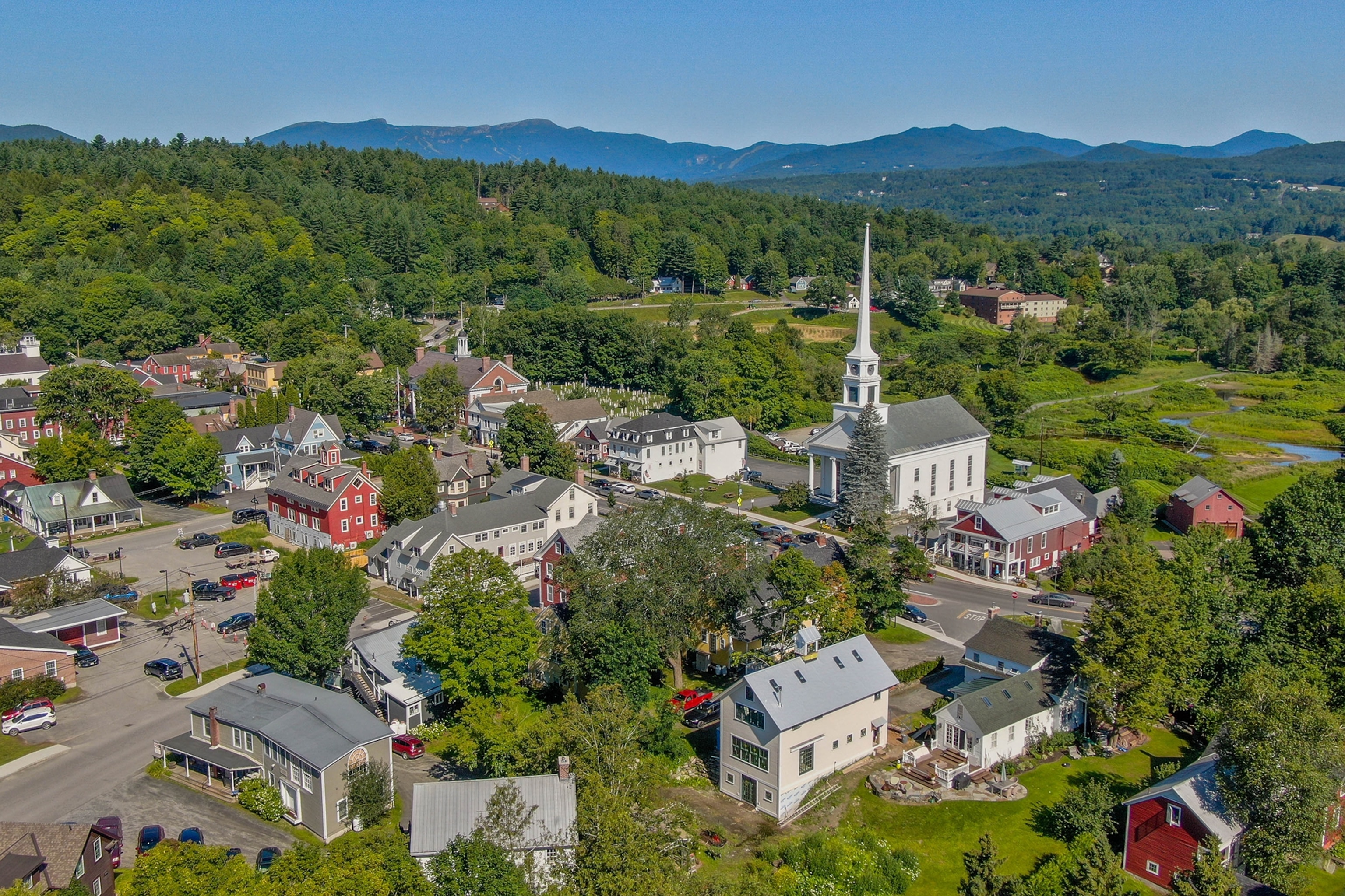 A bird's-eye view of the village of Stowe, Vermont.