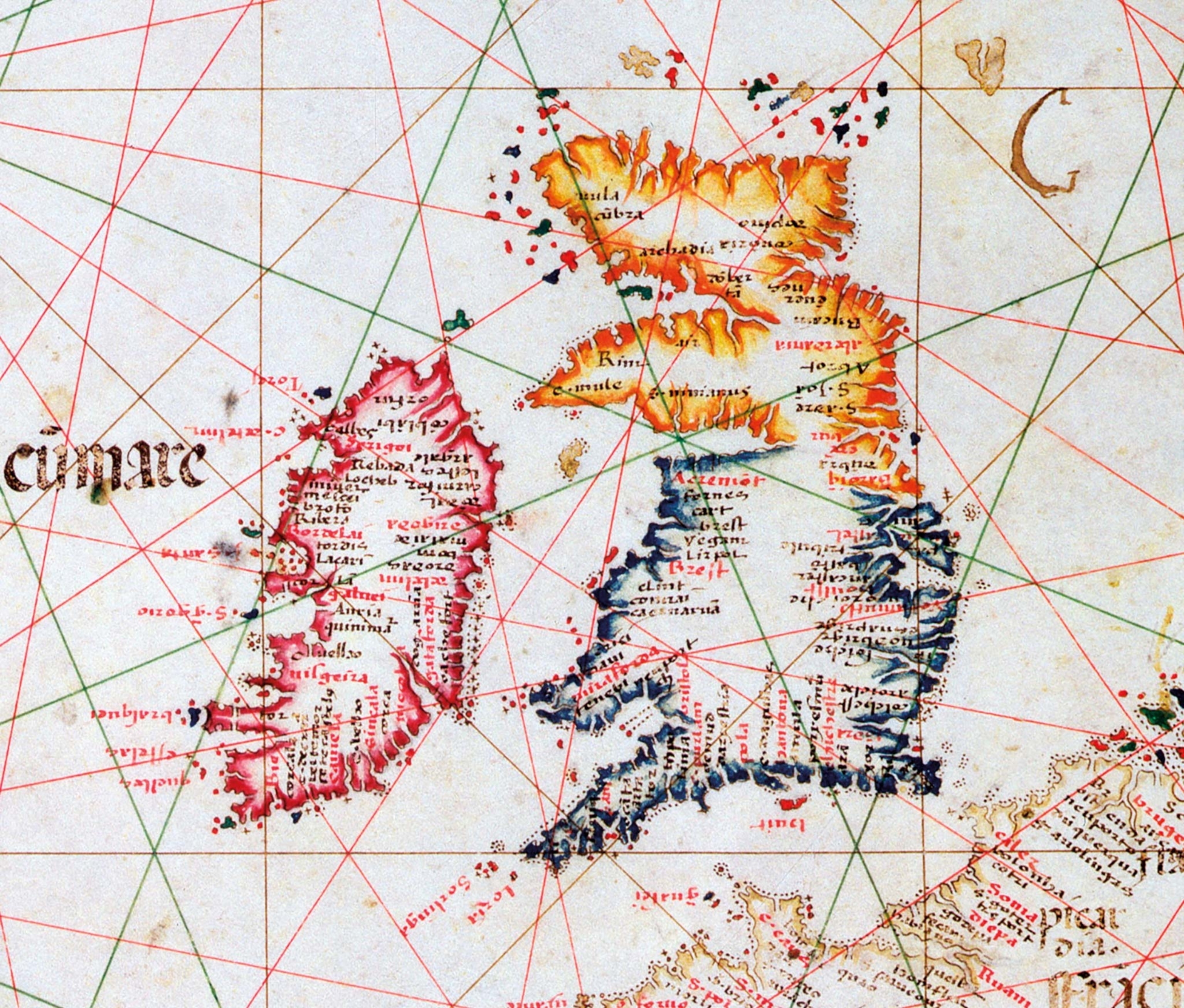 The British Isles appear in this detail from a 1565 world atlas, created by Portuguese cartographer Diego Homem.