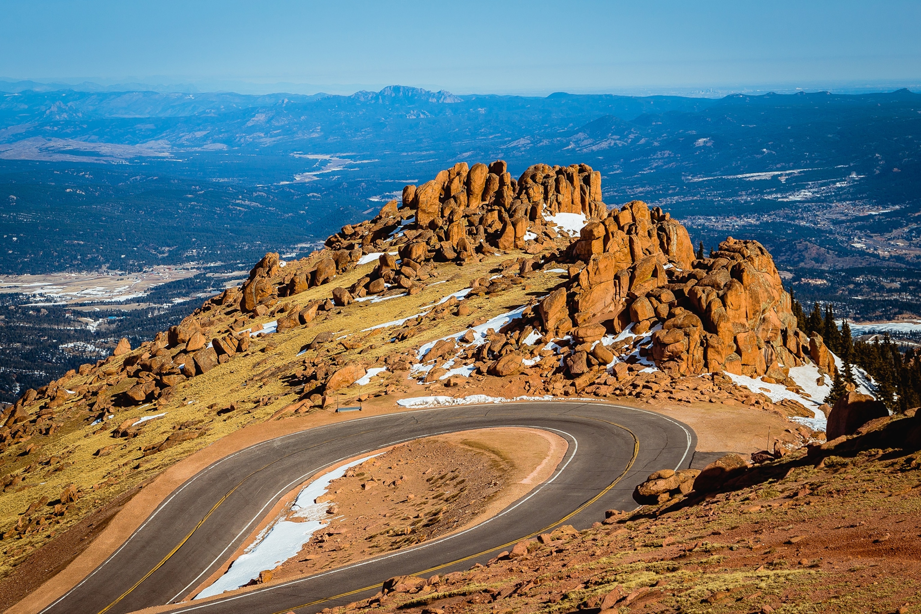 a scenic U-turn on Pikes Peak Highway in Colorado