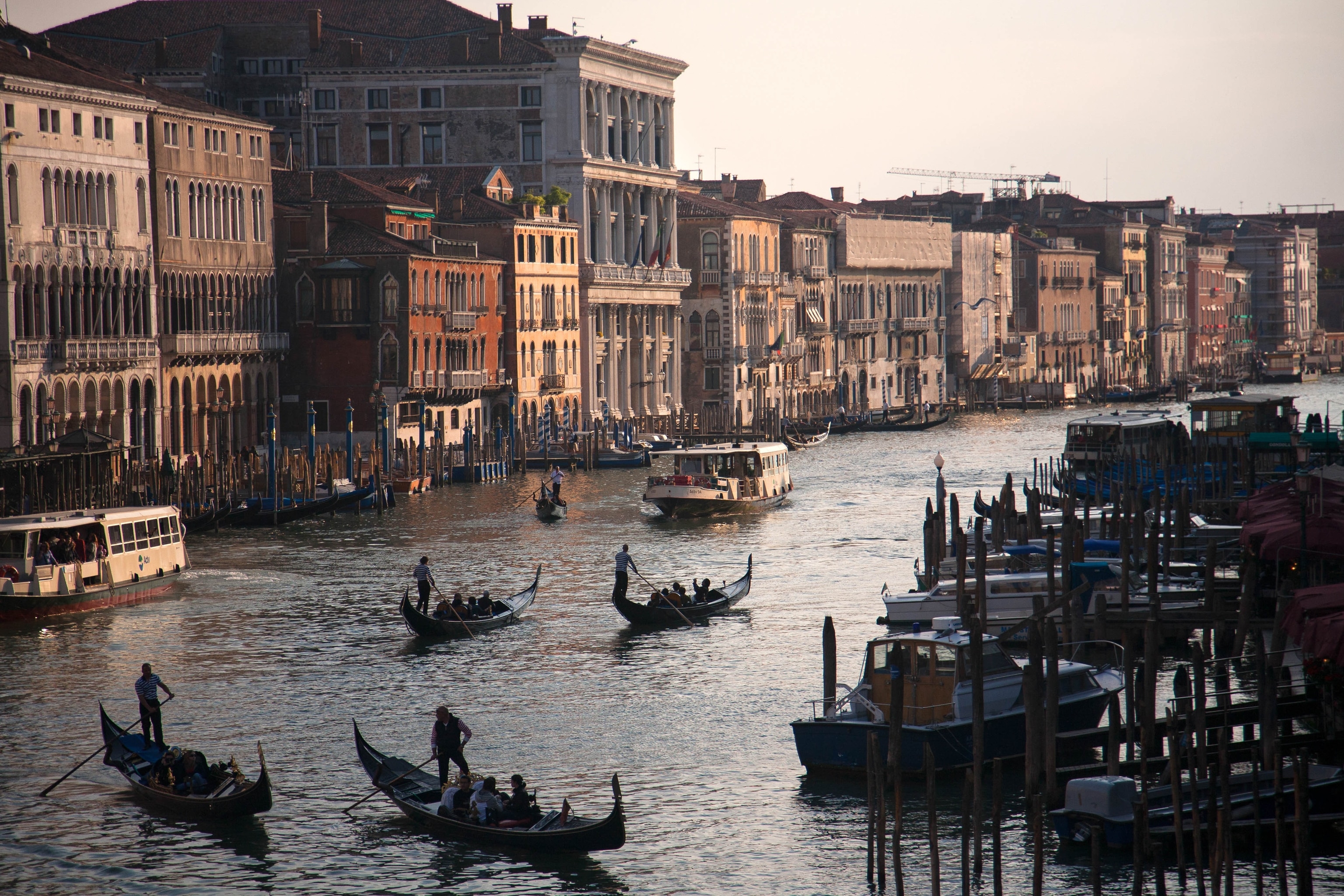 Silhouetted gondoliers on the water with passengers buildings are illuminated with warm light.
