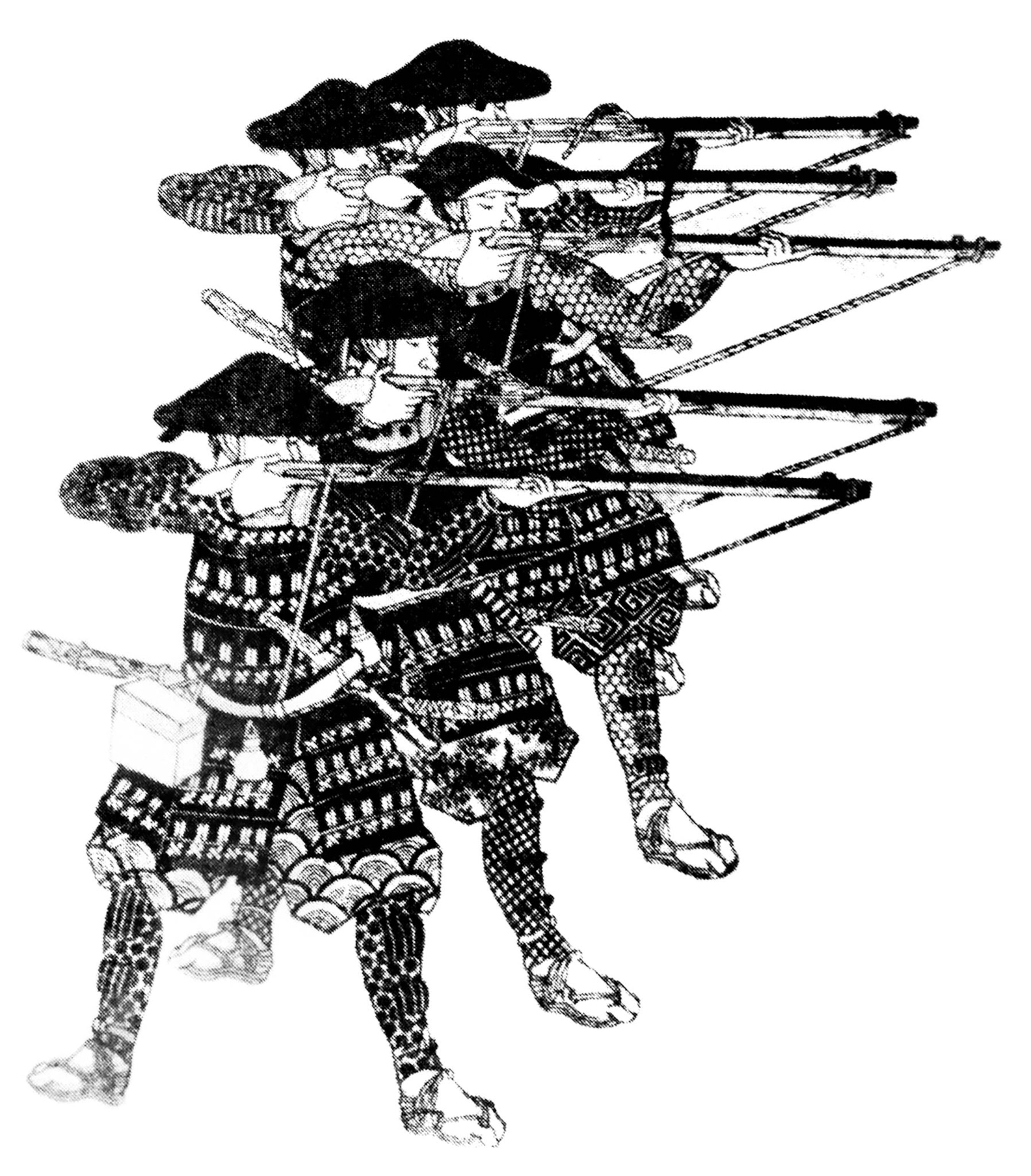 Ashigaru, or foot soldiers, fire their tanegashima (arquebuses) in a 19th-century engraving.