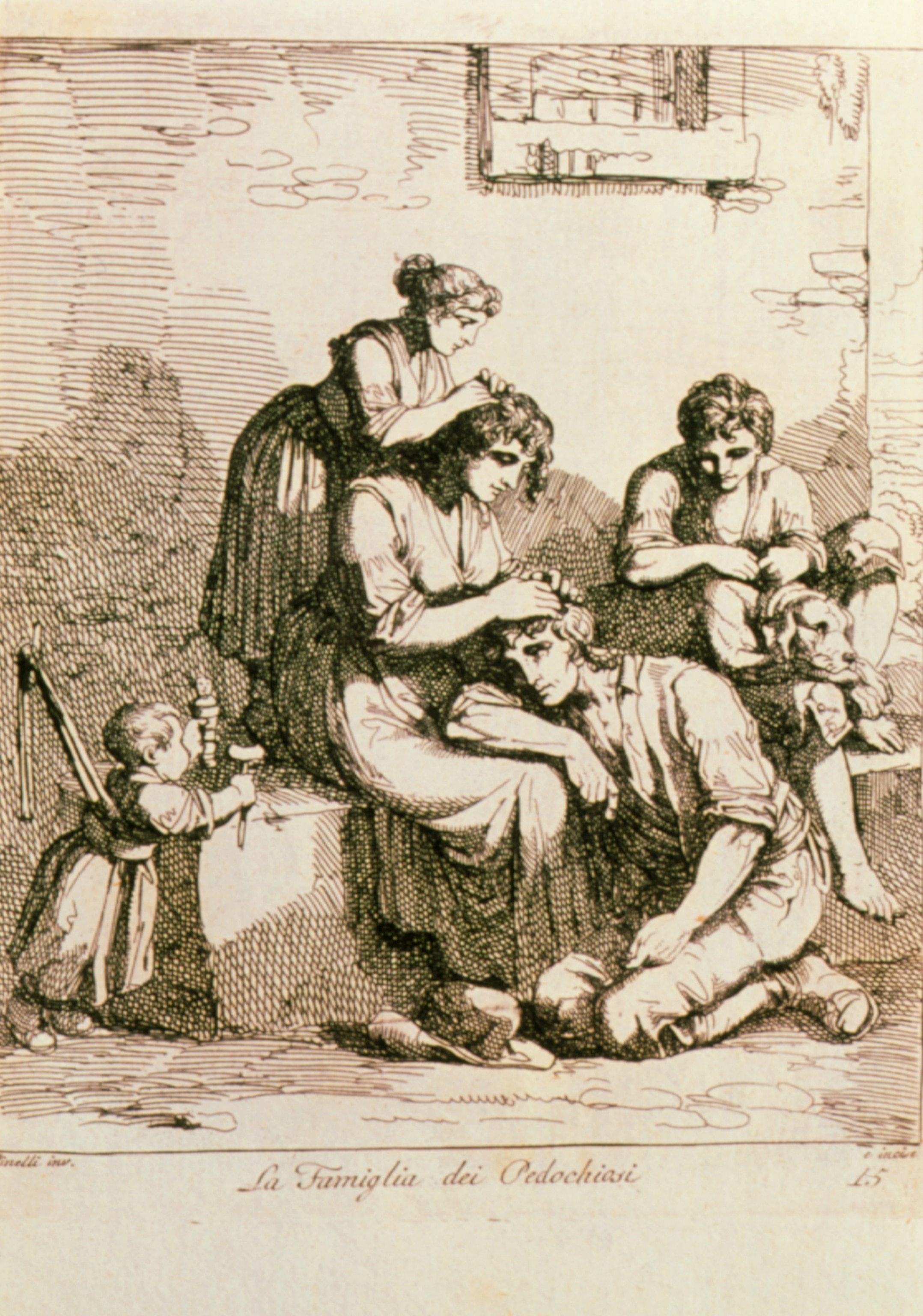 Illustration of a woman sitting in a chair looking through the hair of a boy who sits below her on the ground. A young girl can be seen looking through the woman's hair.