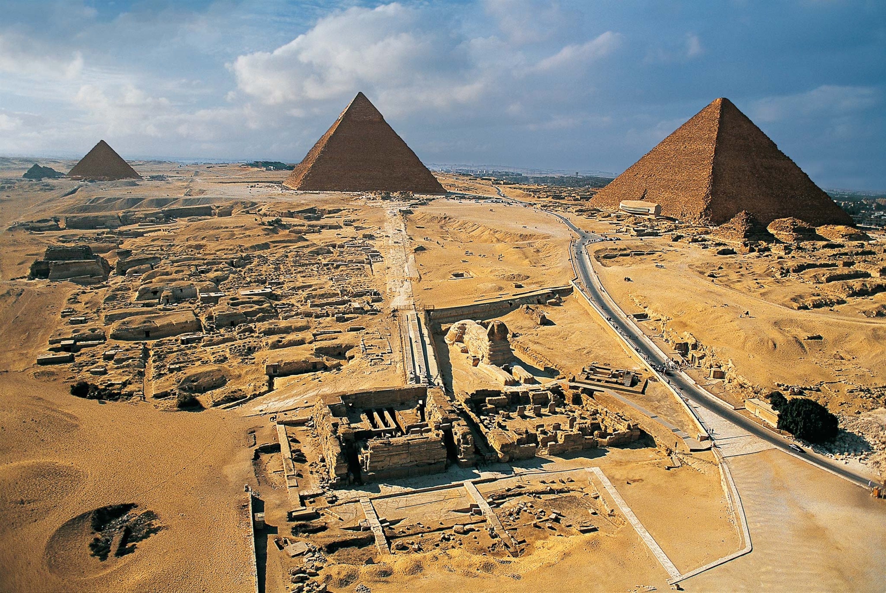 These pyramids were built at tombs for pharaohs Khufu (right), Khafre (center), and Menkaure (left) in the 26th century B.C.