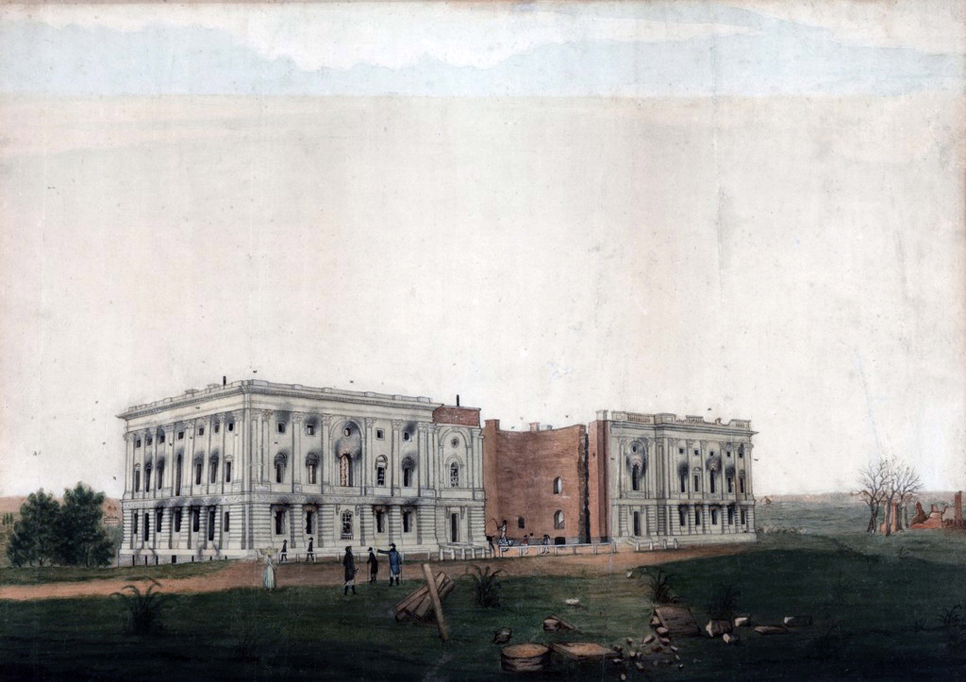 a painting of a burned building