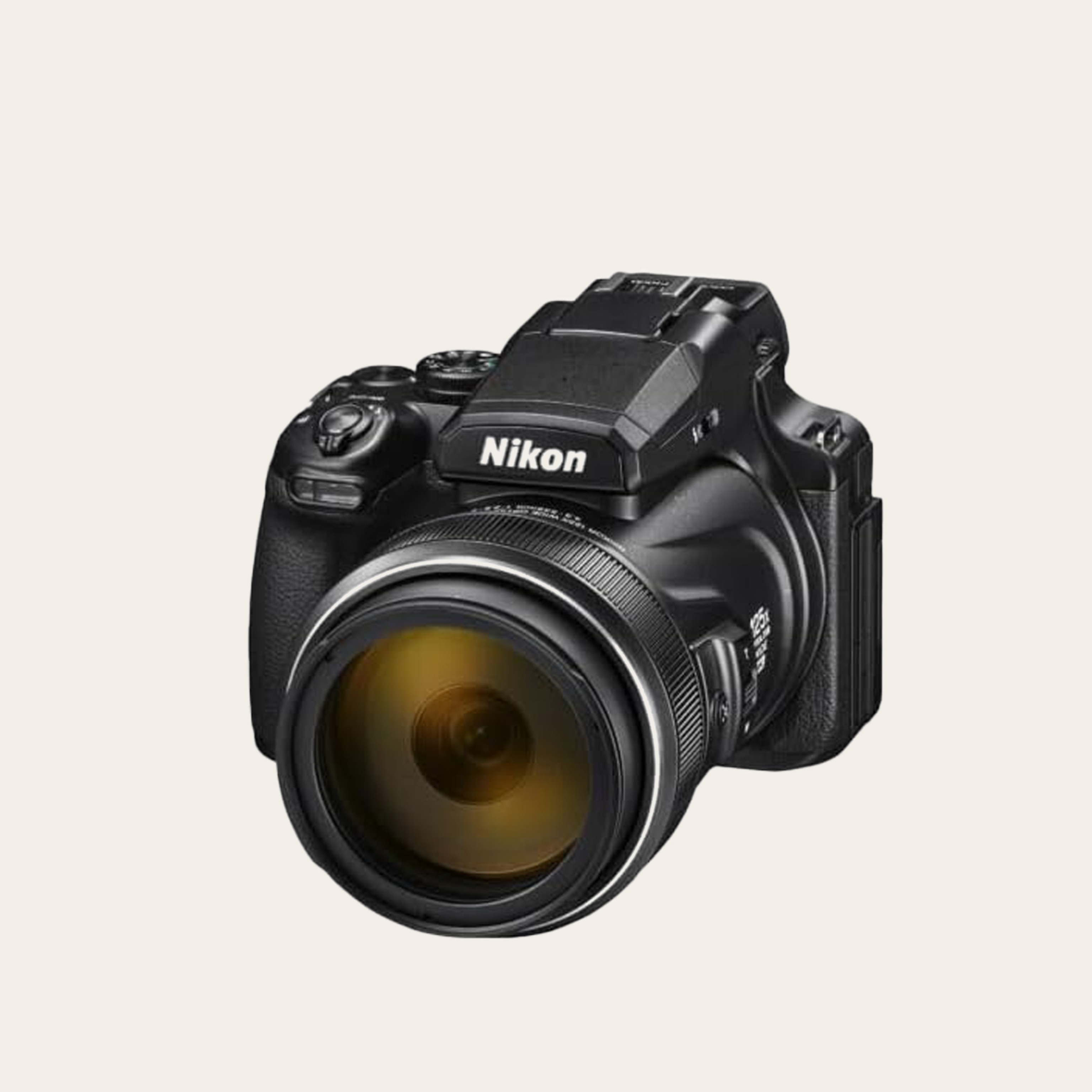 A camera with a large lens attached on a cream background.
