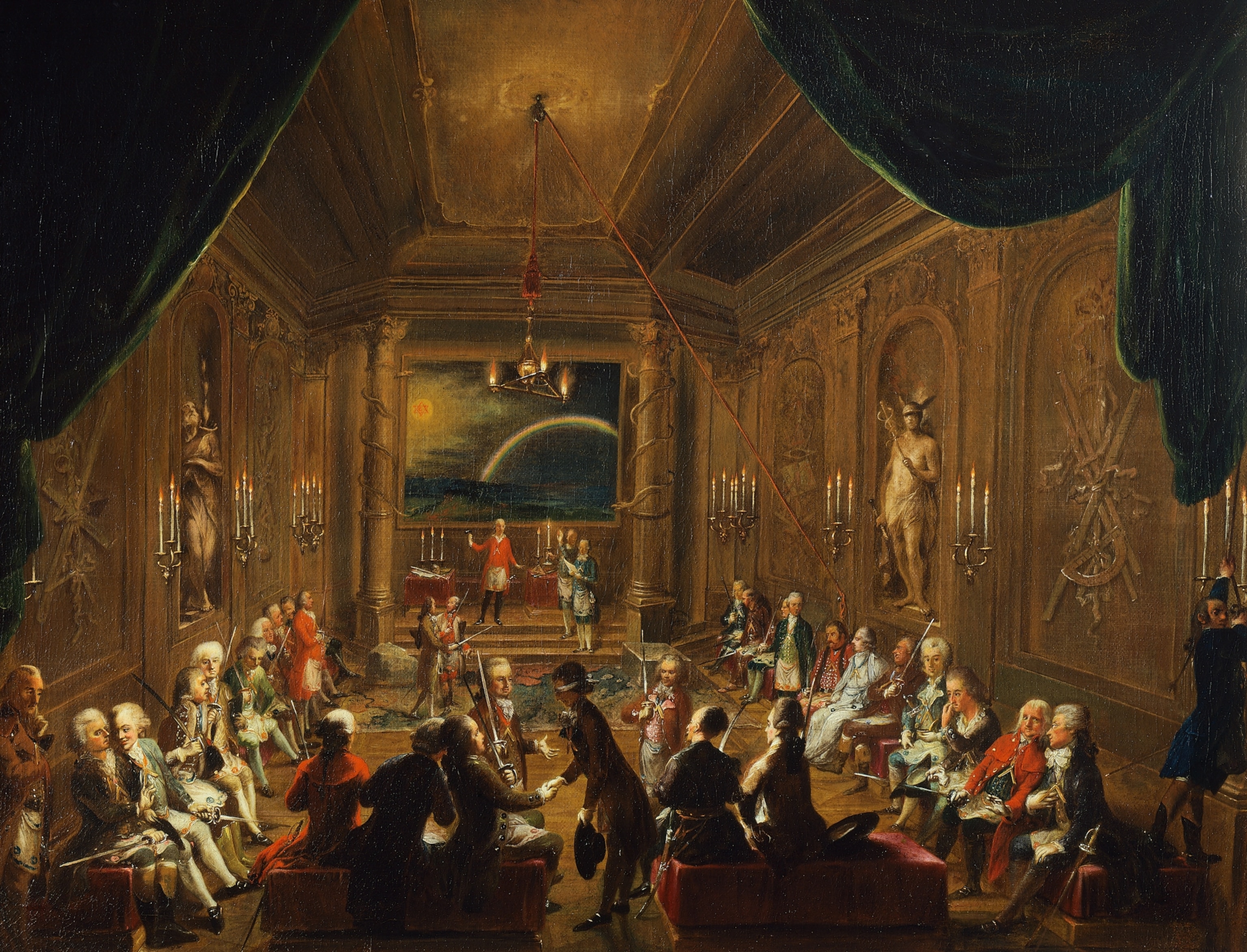 An initiation ceremony in 1789 taking place within a Viennese masonic lodge, which has vaulted ceilings and ornately decorated walls and columns.