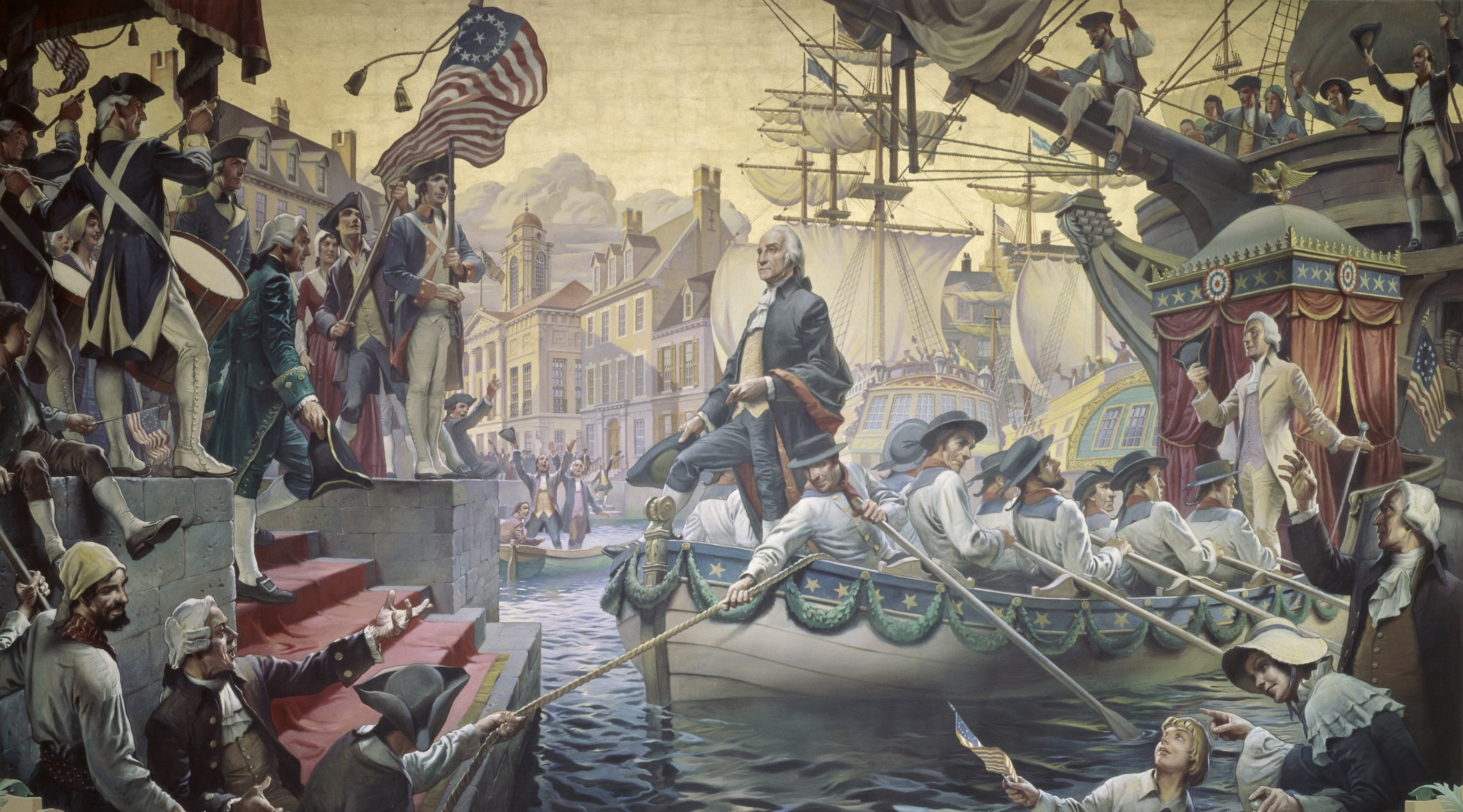 A depiction of George Washington standing in a boat about to dock in a pier with red-carpeted steps. Crowds of onlookers cheer and watch.