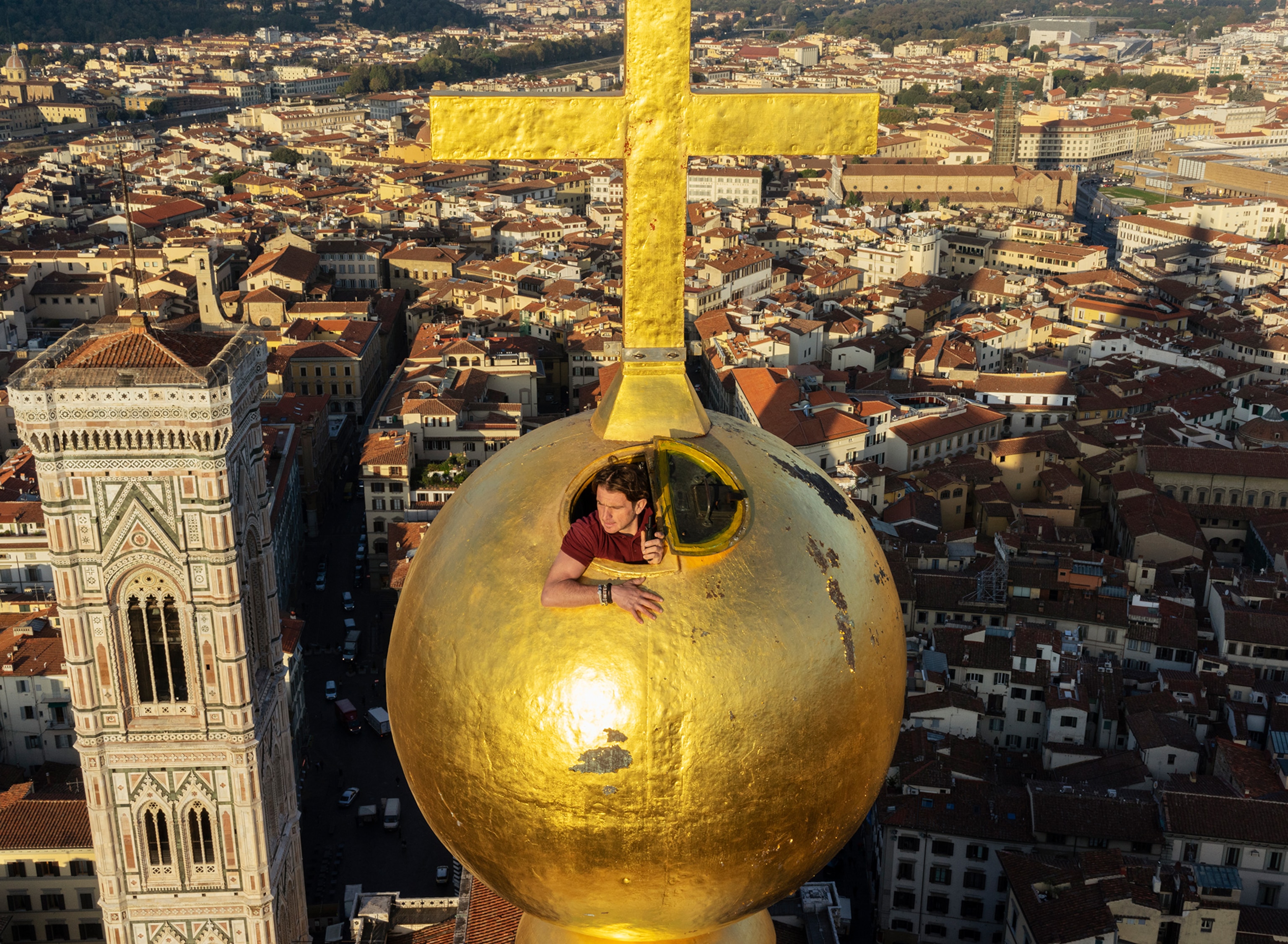 A gilded copper ball atop the Cathedral of Santa Maria del Fiore, created where Leonardo DaVinci apprenticed.