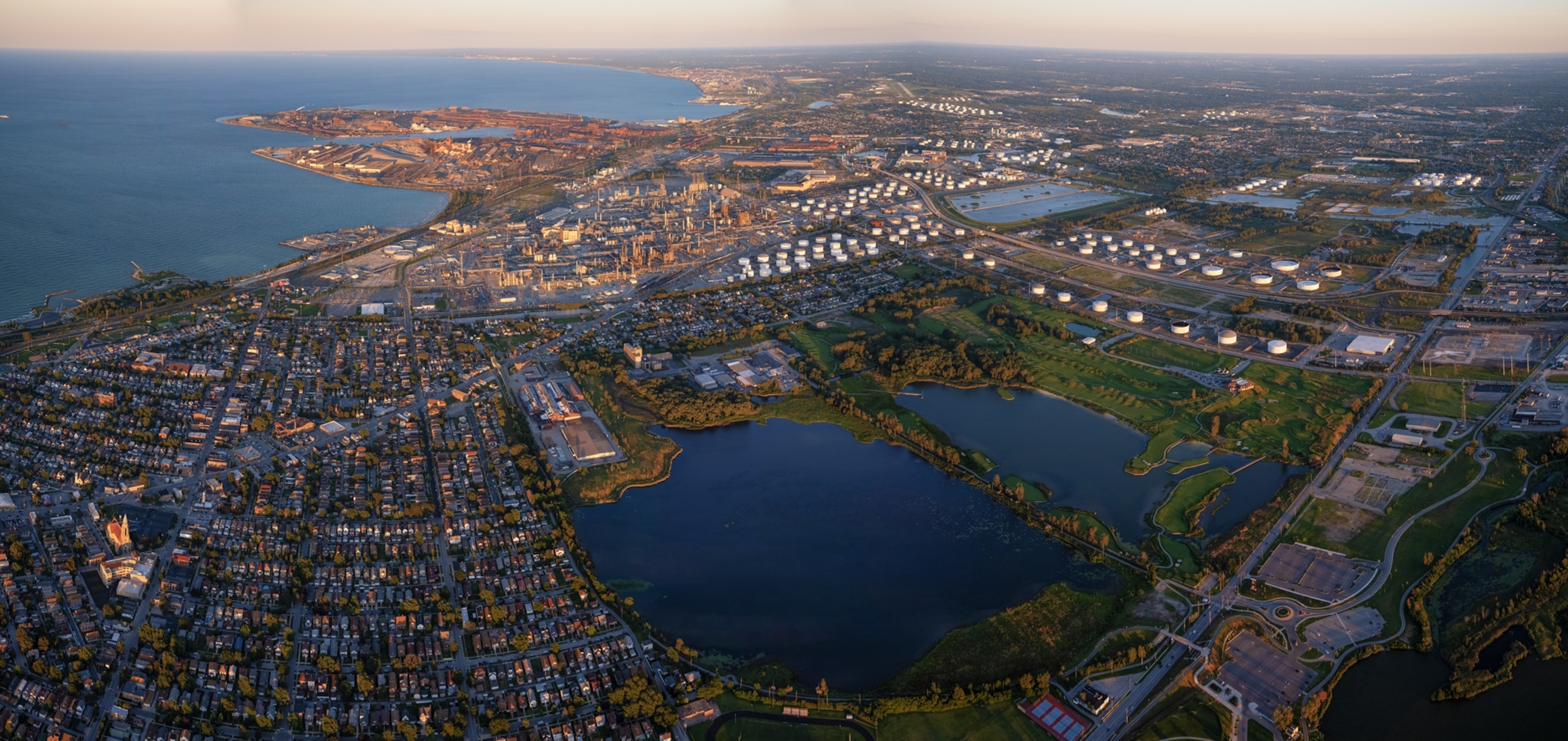 aerial of the city by the lake.
