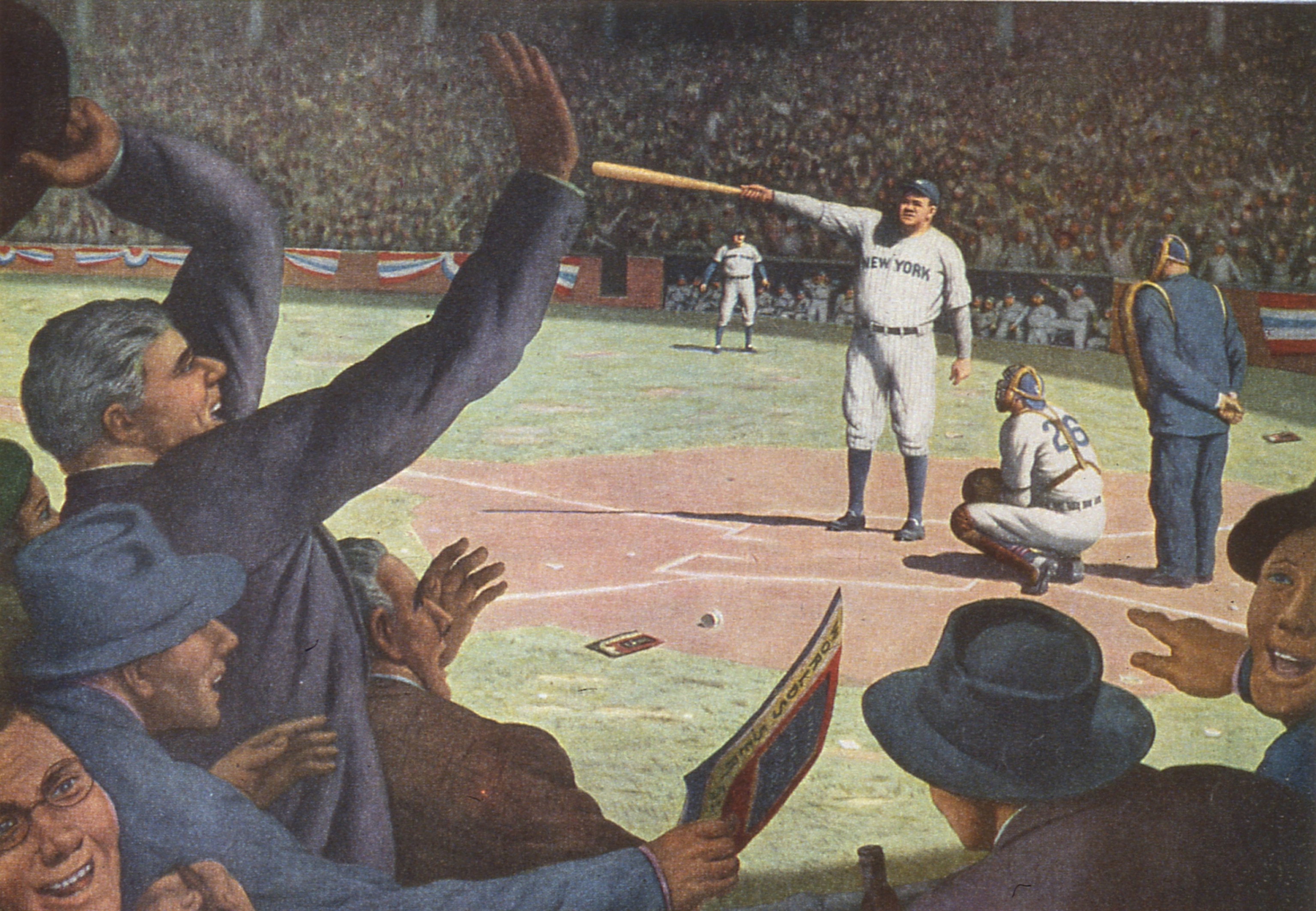 An illustration shows Babe Ruth, standing sideways with his face toward the viewer, pointing his bat to an unspecified location somewhere across the field. The illustration also shows the crowd cheering.