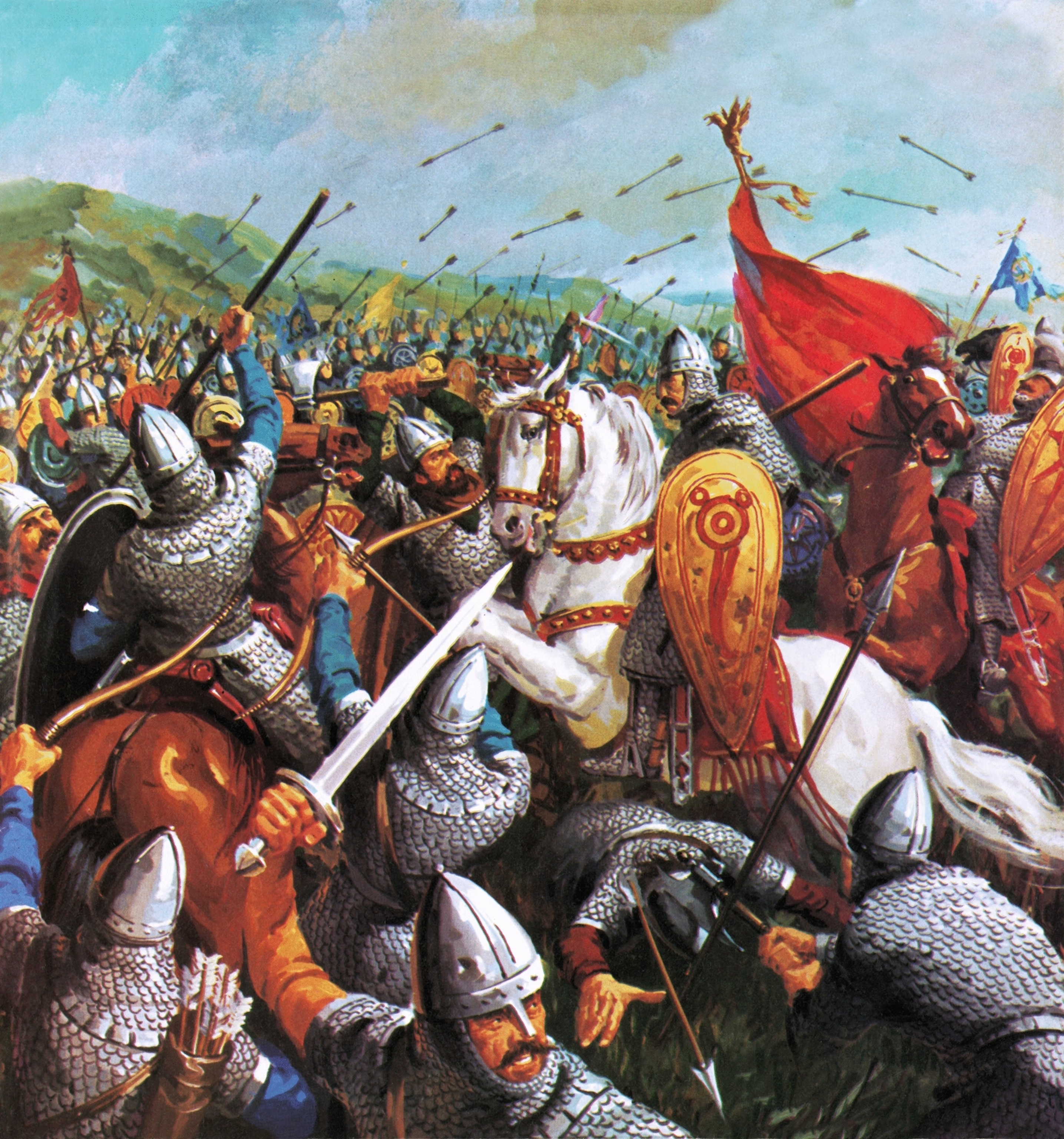 A chaotic scene show a flurry of soldiers with swords, arrows, shields and horses in the midst of battle.