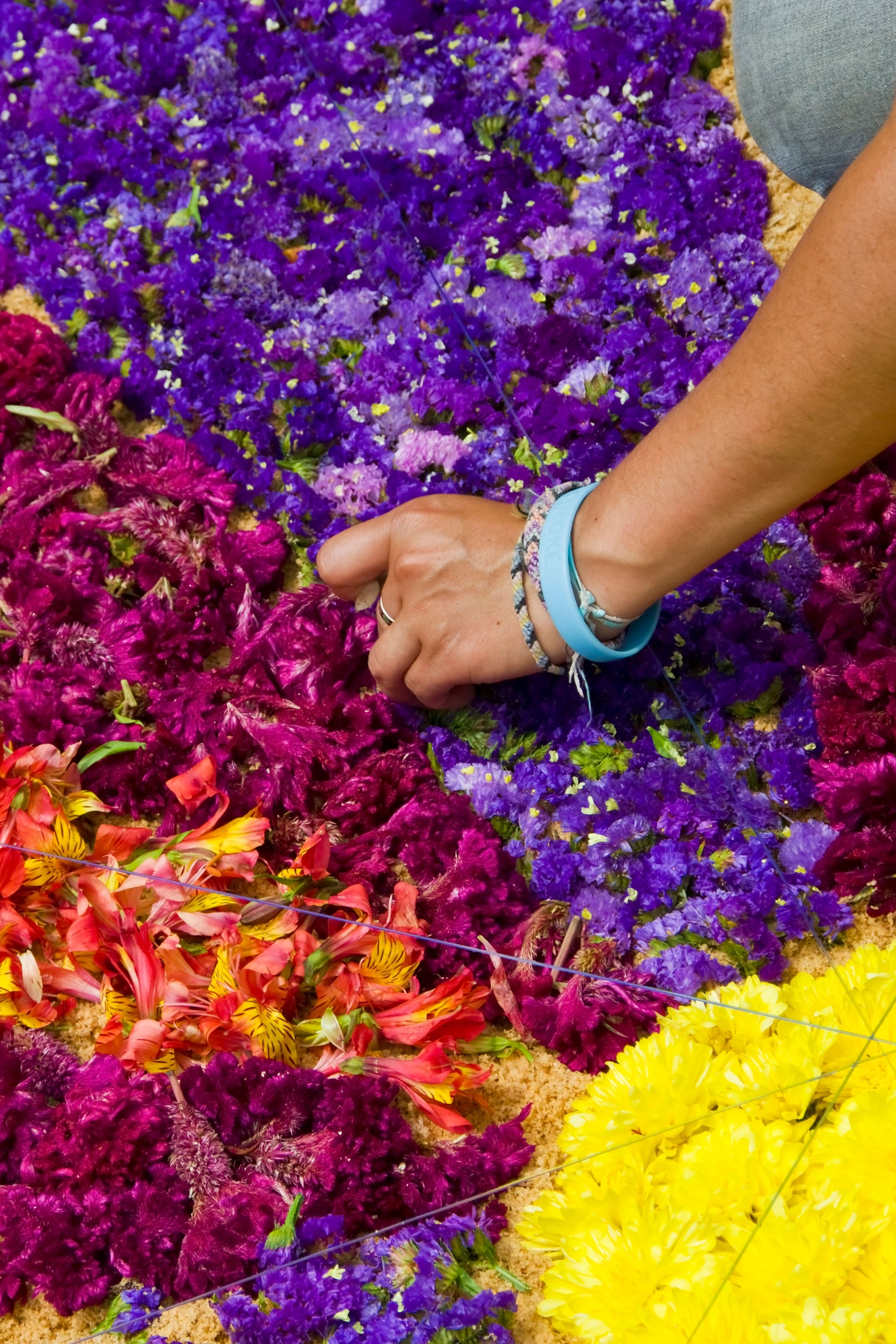 A hand works on an alfombra using brightly coloured sawdust, leaves, flowers and small offerings.