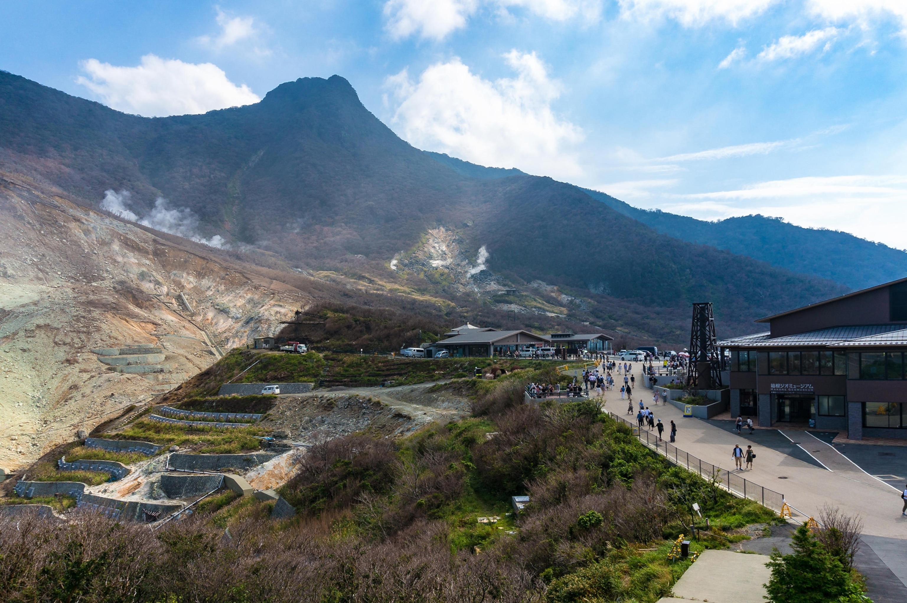 Bits of smoke rising from the earth and tourists walking.
