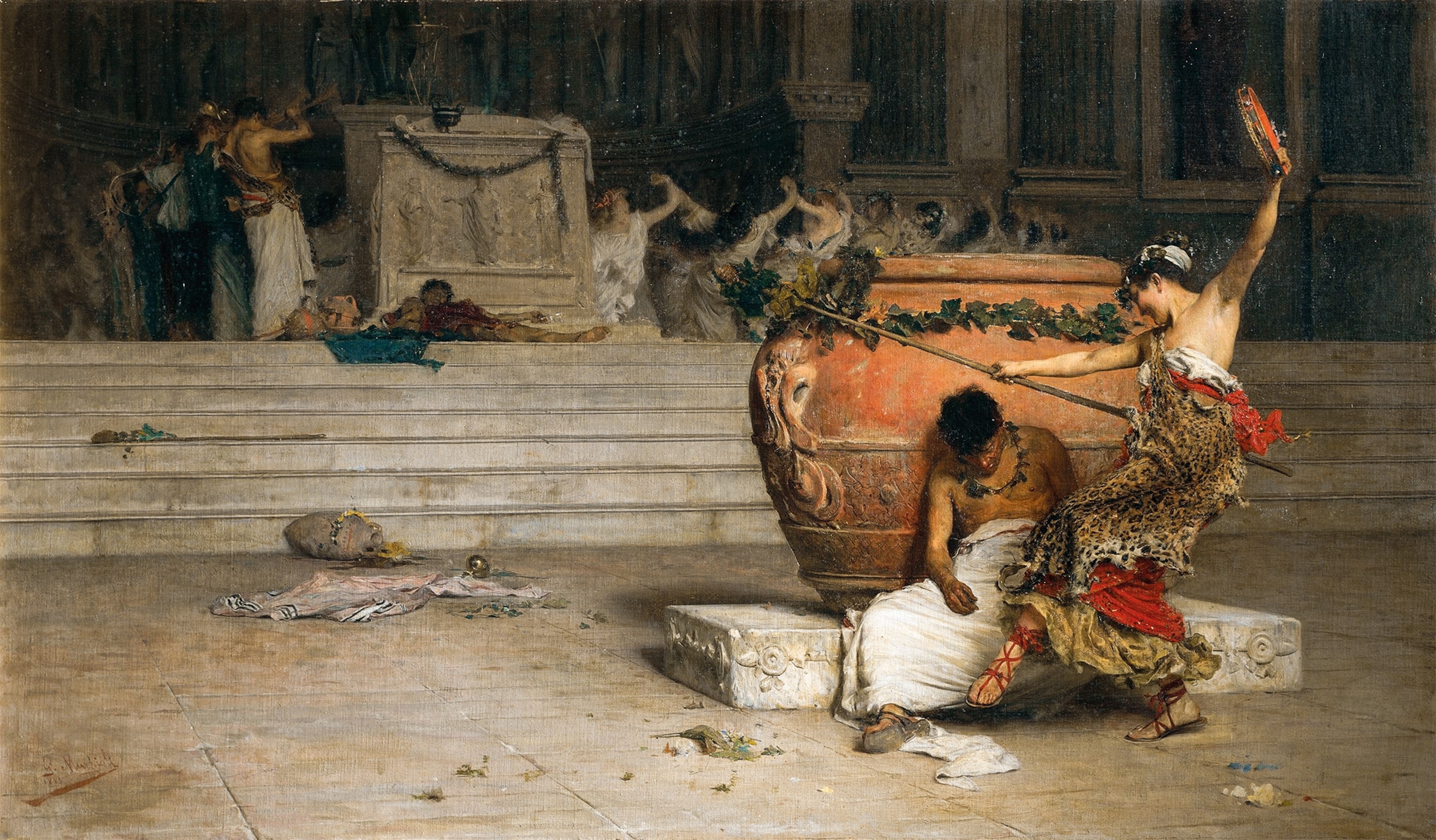 In this detail from an 1881 oil painting by Giovanni Muzzioli, a maenad dances in front of a slumped and drunken man.