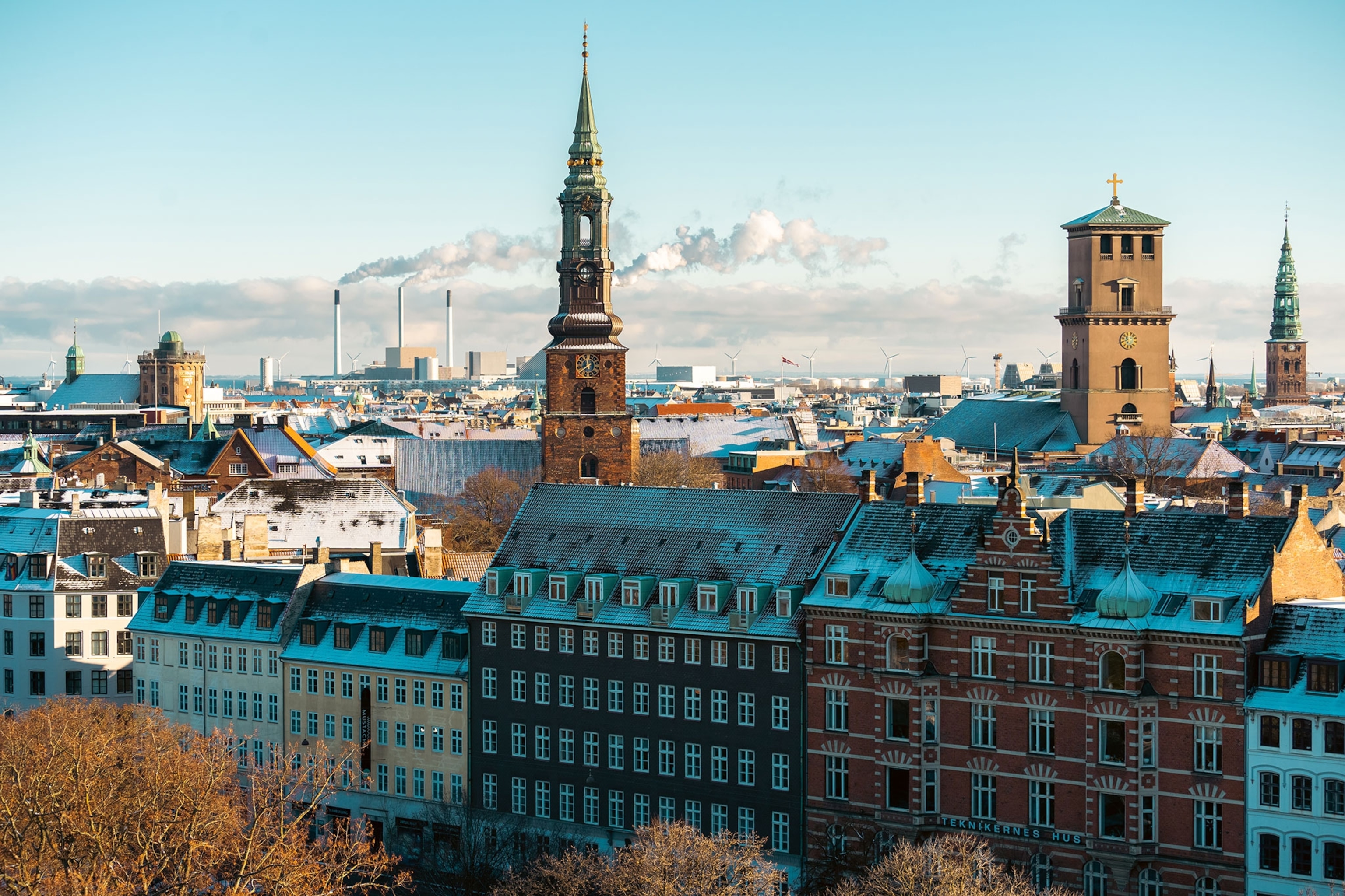The colourful buildings of Copenhagen are seen with a light dusting of snow.