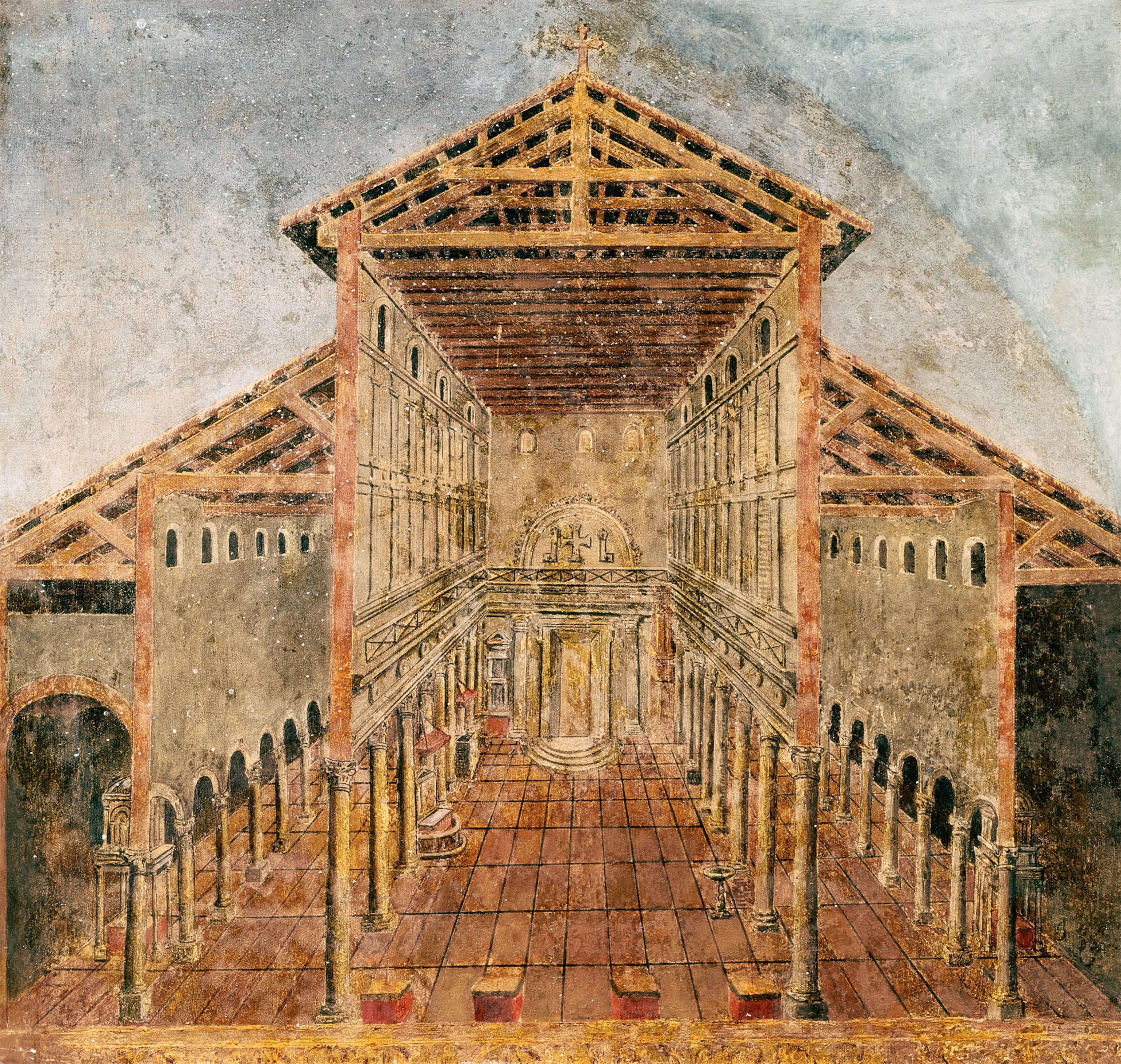A painting shows a cross section of St. Peter's Basilica as it was first erected by Emperor Constantine