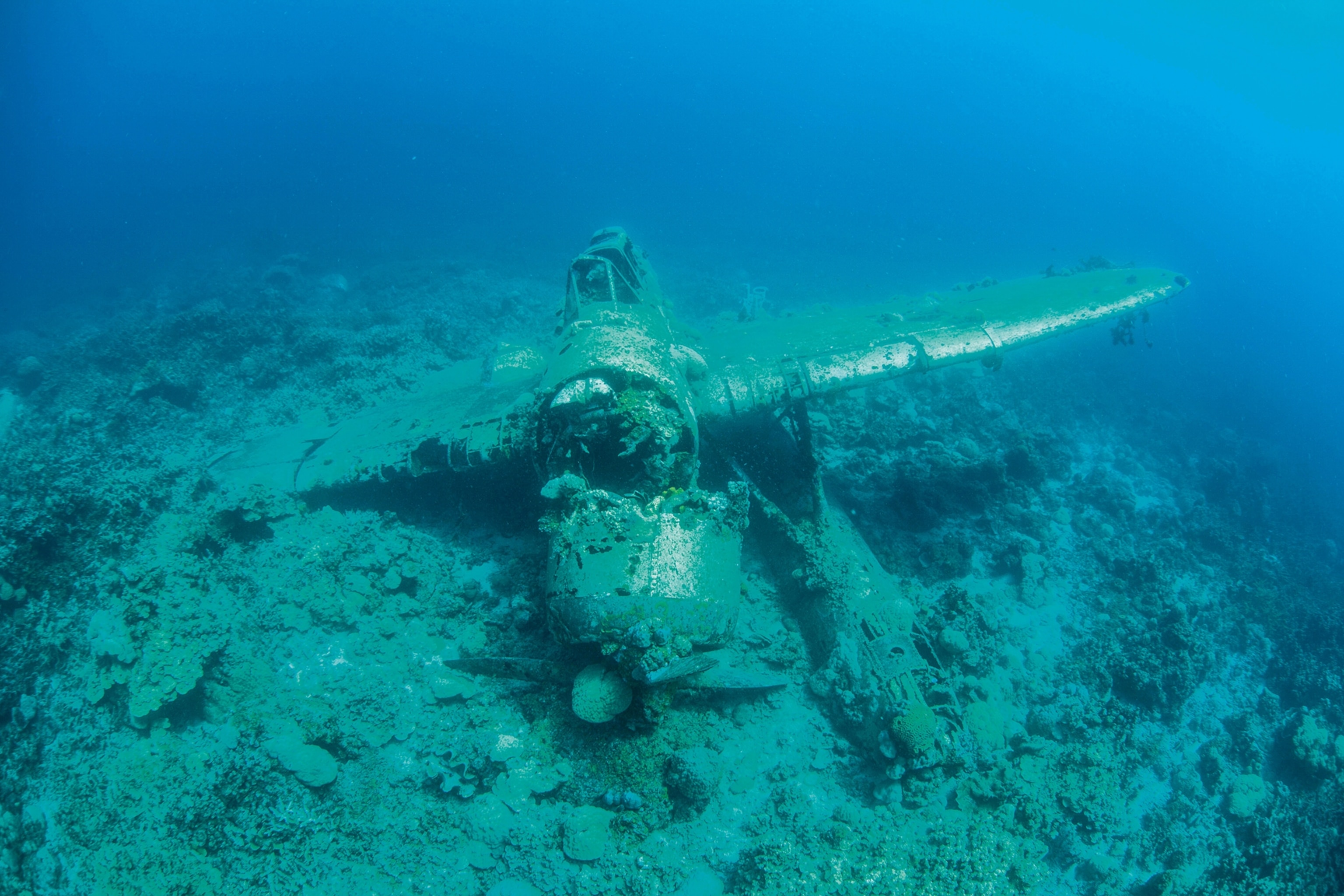 An underwater plane wreck at the bottom of the ocean.