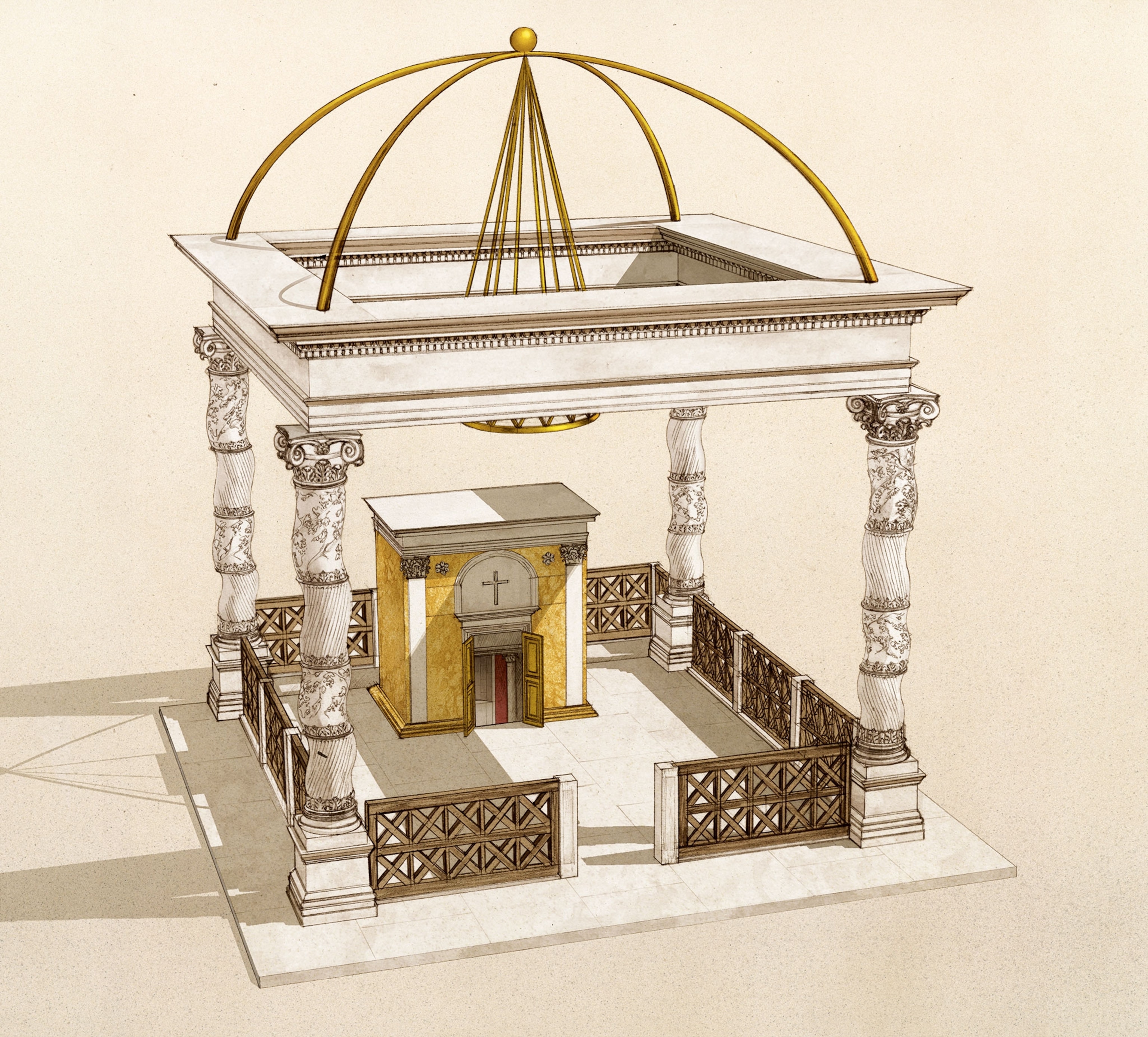 An illustration of the Memoria Petri structure with columns standing above the entrance to the tomb