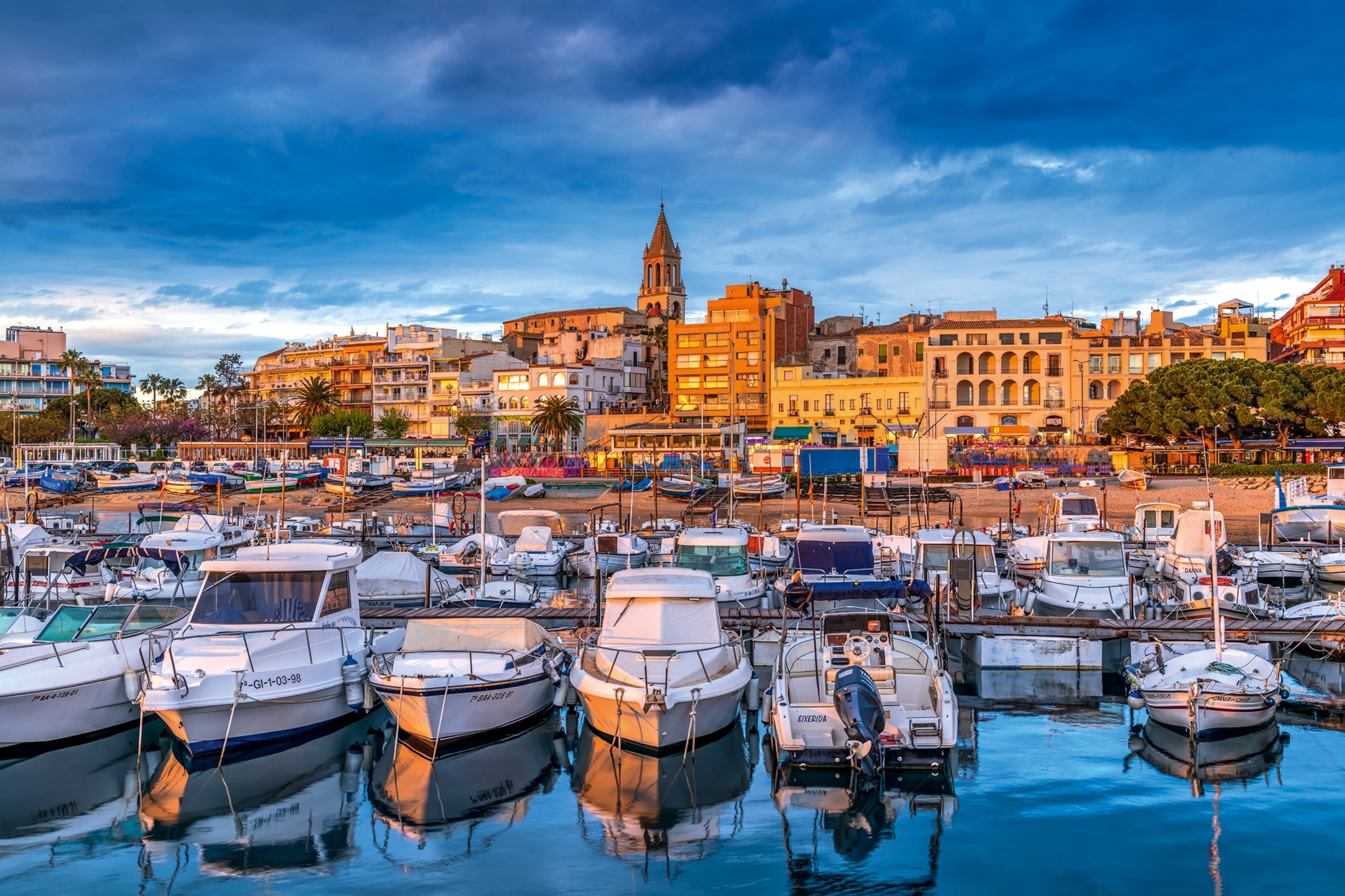 Port harbour filled with boats with a backdrop of a small town