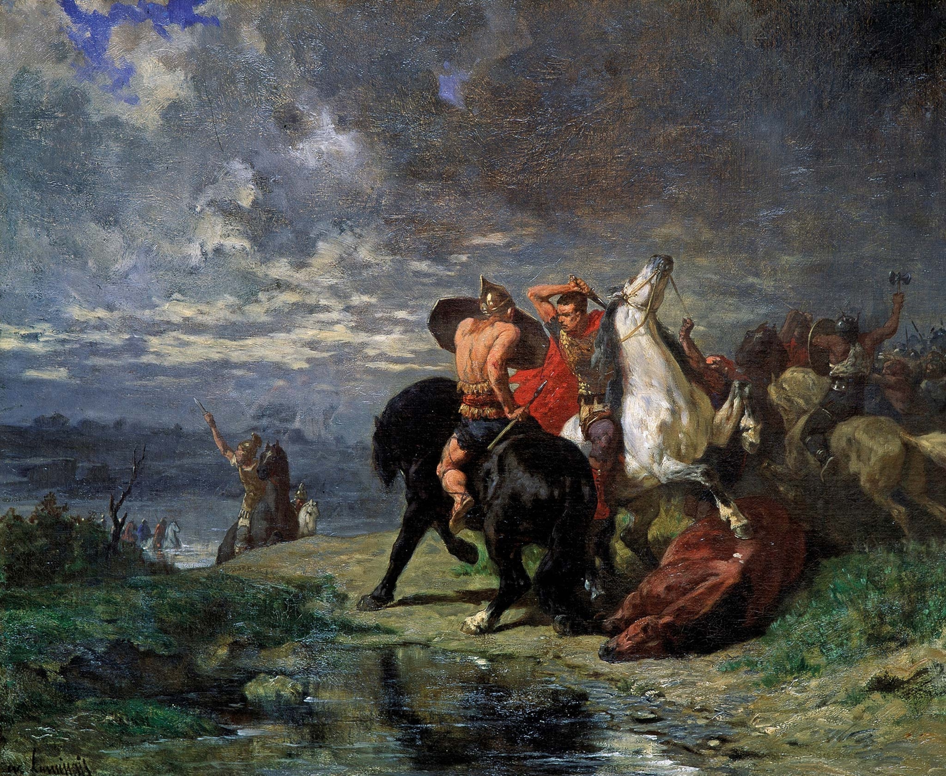 A 19th-century painting by Évariste Vital Luminais depicts an idealized combat scene between Roman and Gallic horsemen.
