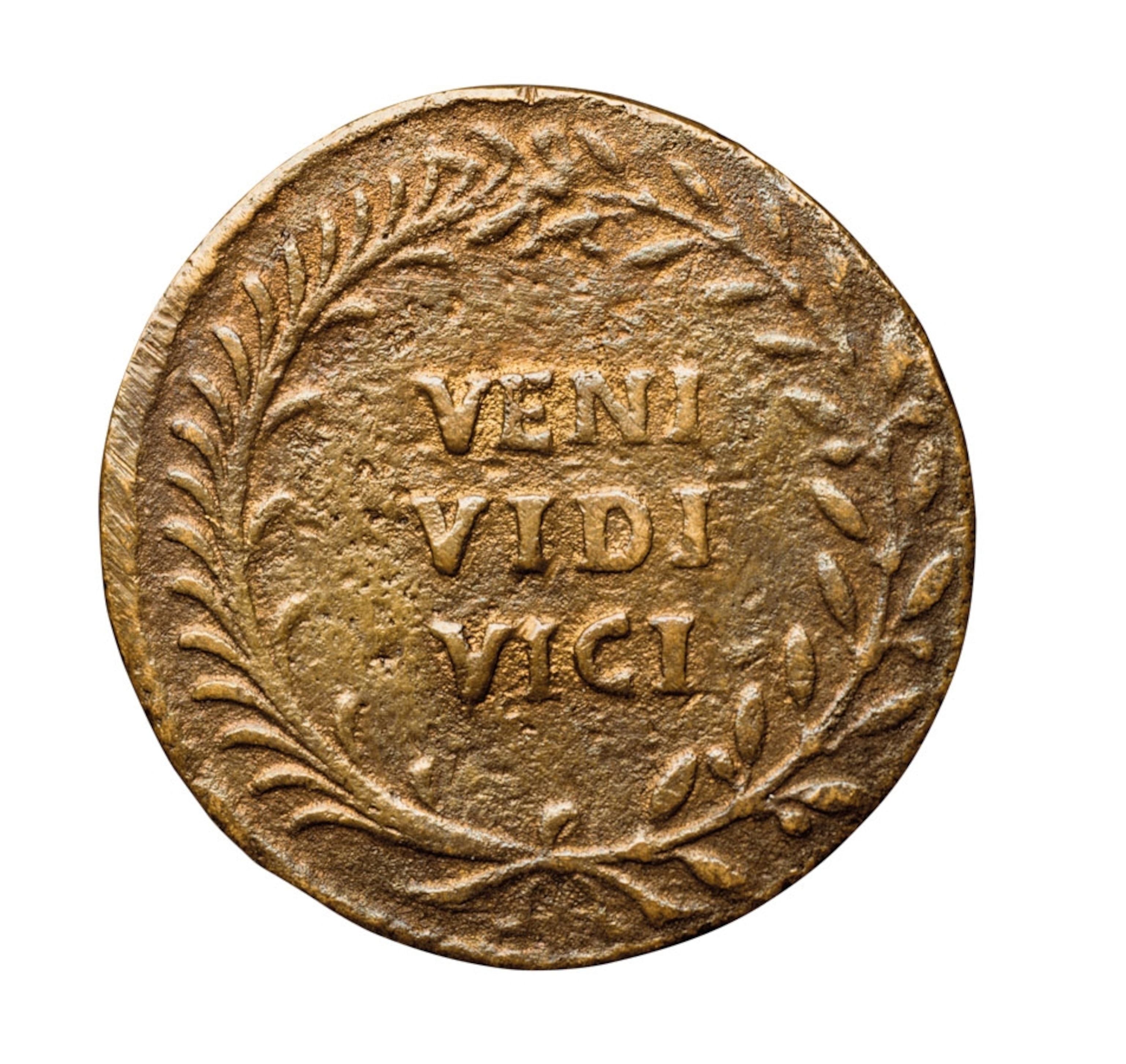 a sesterce with the words Veni, vidi, vici stamed on it