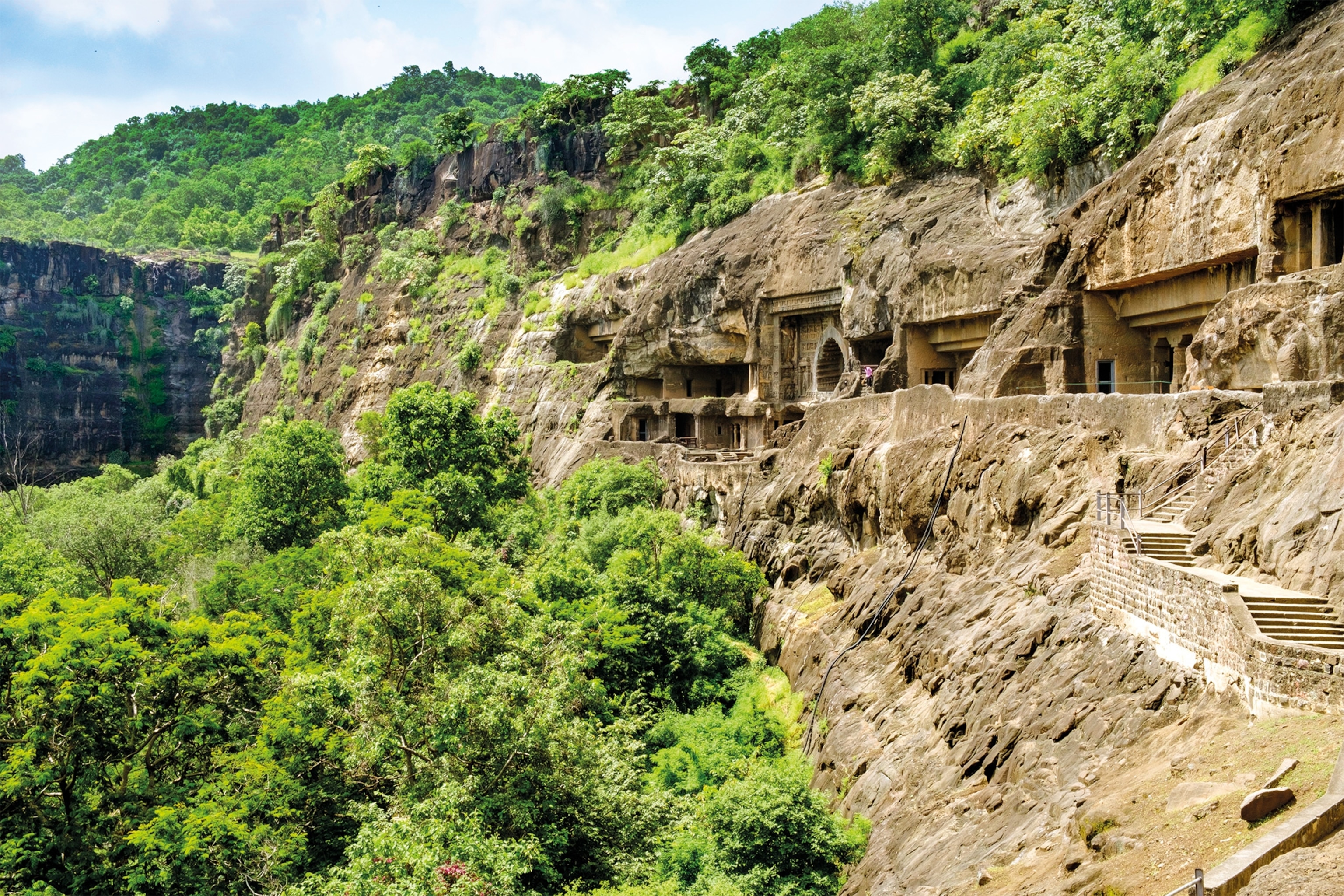 The Buddhist cave temples near Ajanta in India were cut out of the cliffs above the Waghora River between the second century B.C. and sixth century A.D.