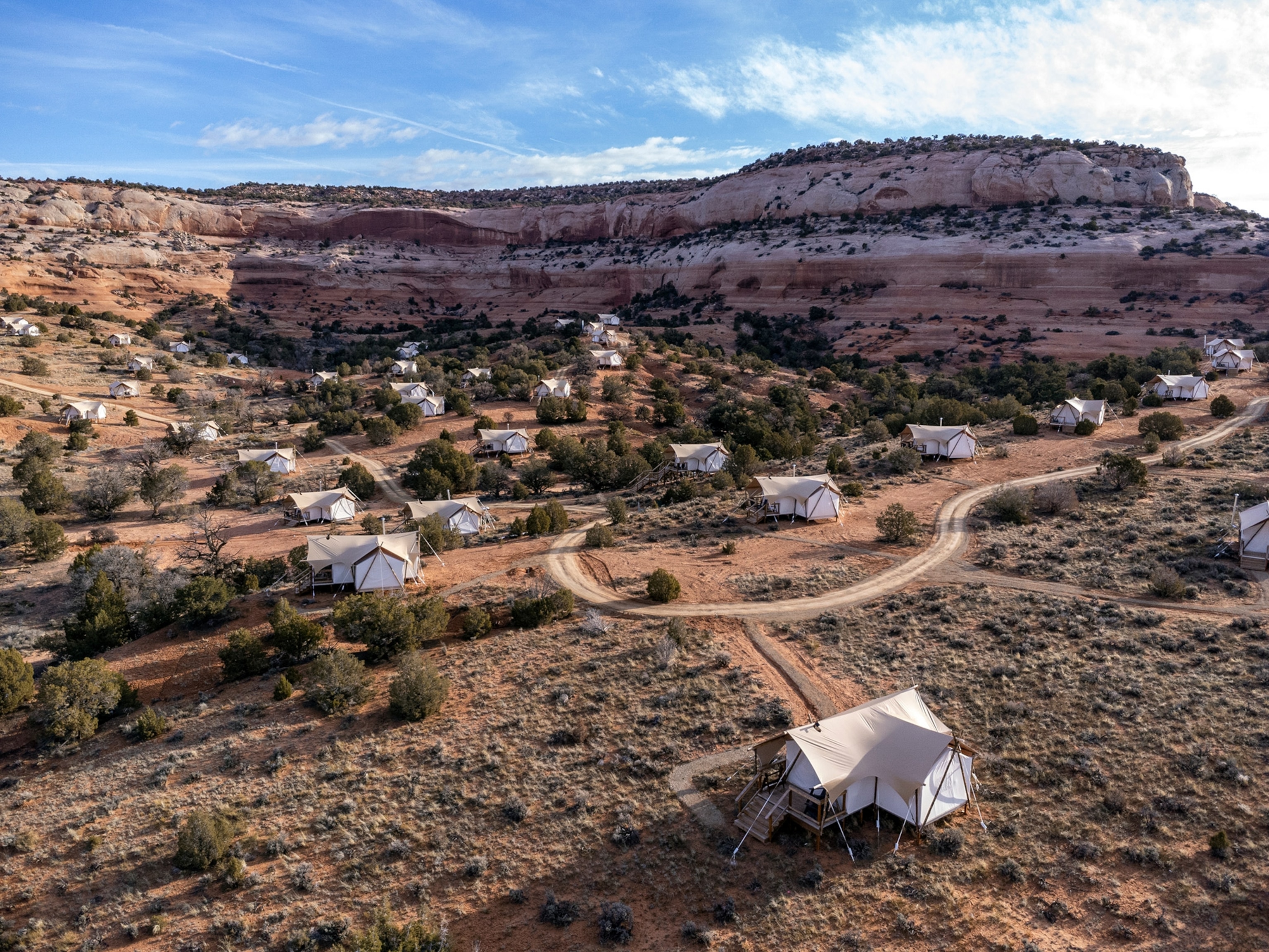 A series of small spaces for sleeping in the desert camp ground.