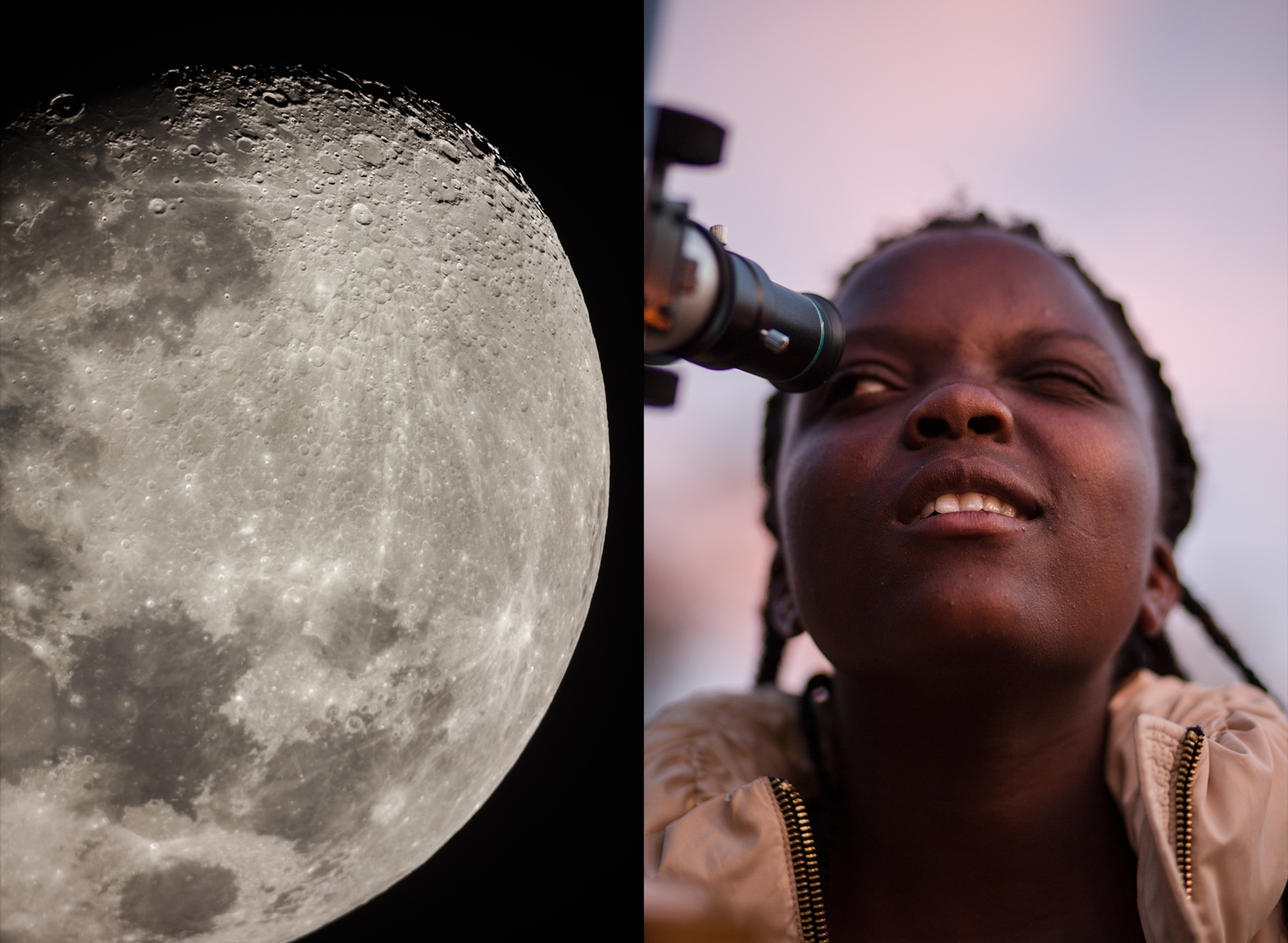 the moon and a girl looking through a telescope.