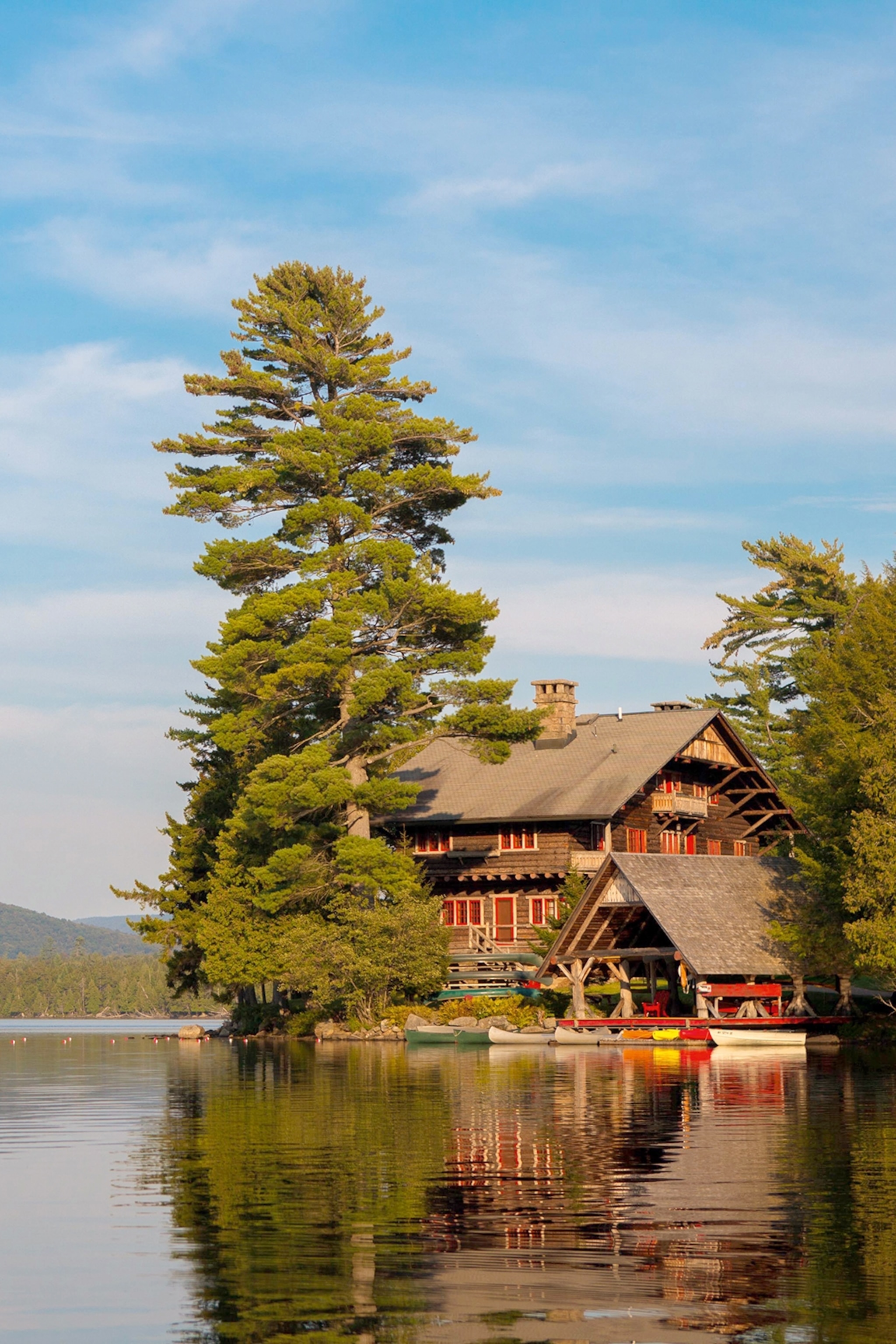 A wooden lodge with gripping tree by a lake.