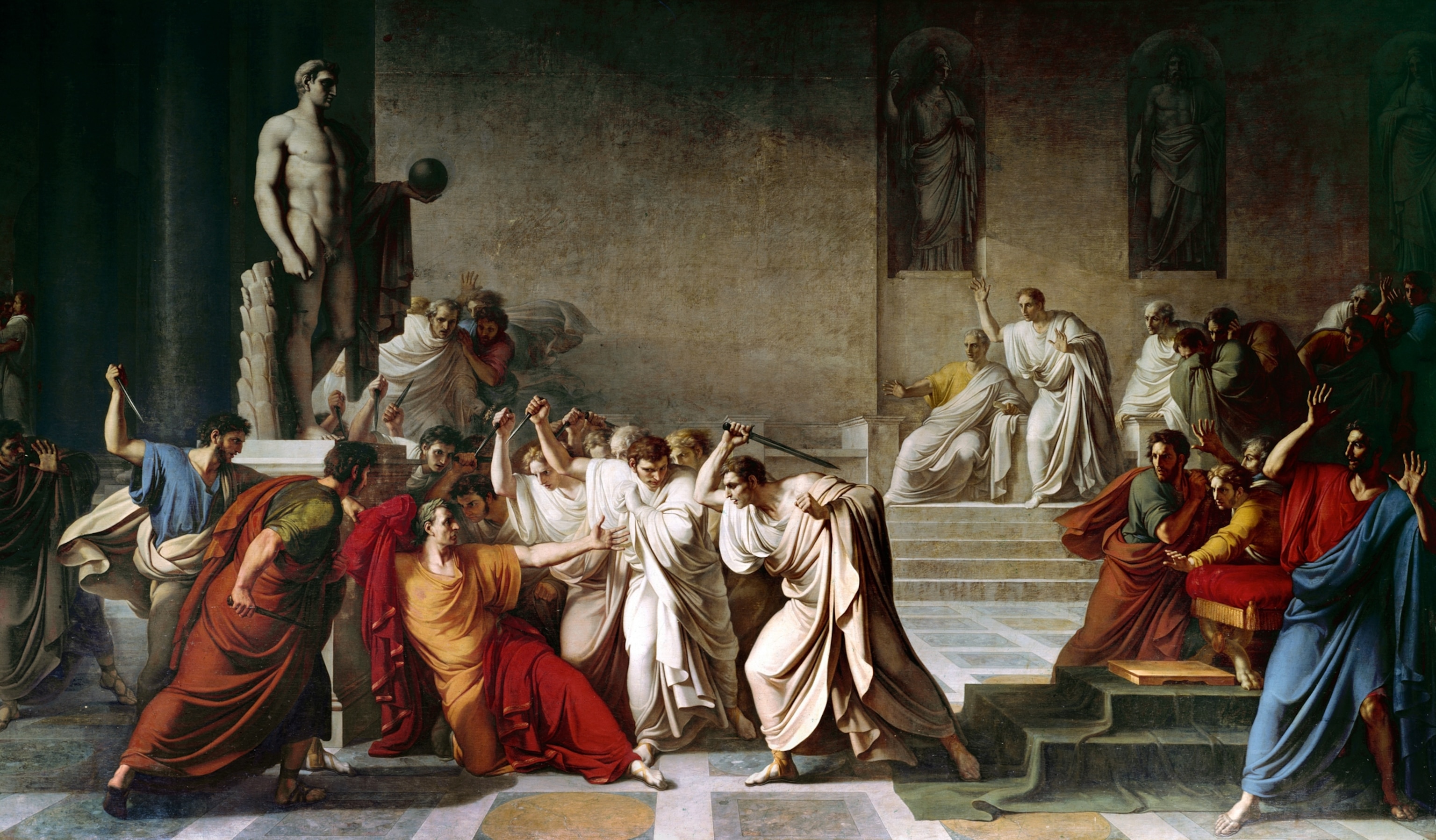 Vincenzo Camuccini's painting of the assassination of Julius Caesar in the Roman Senate.