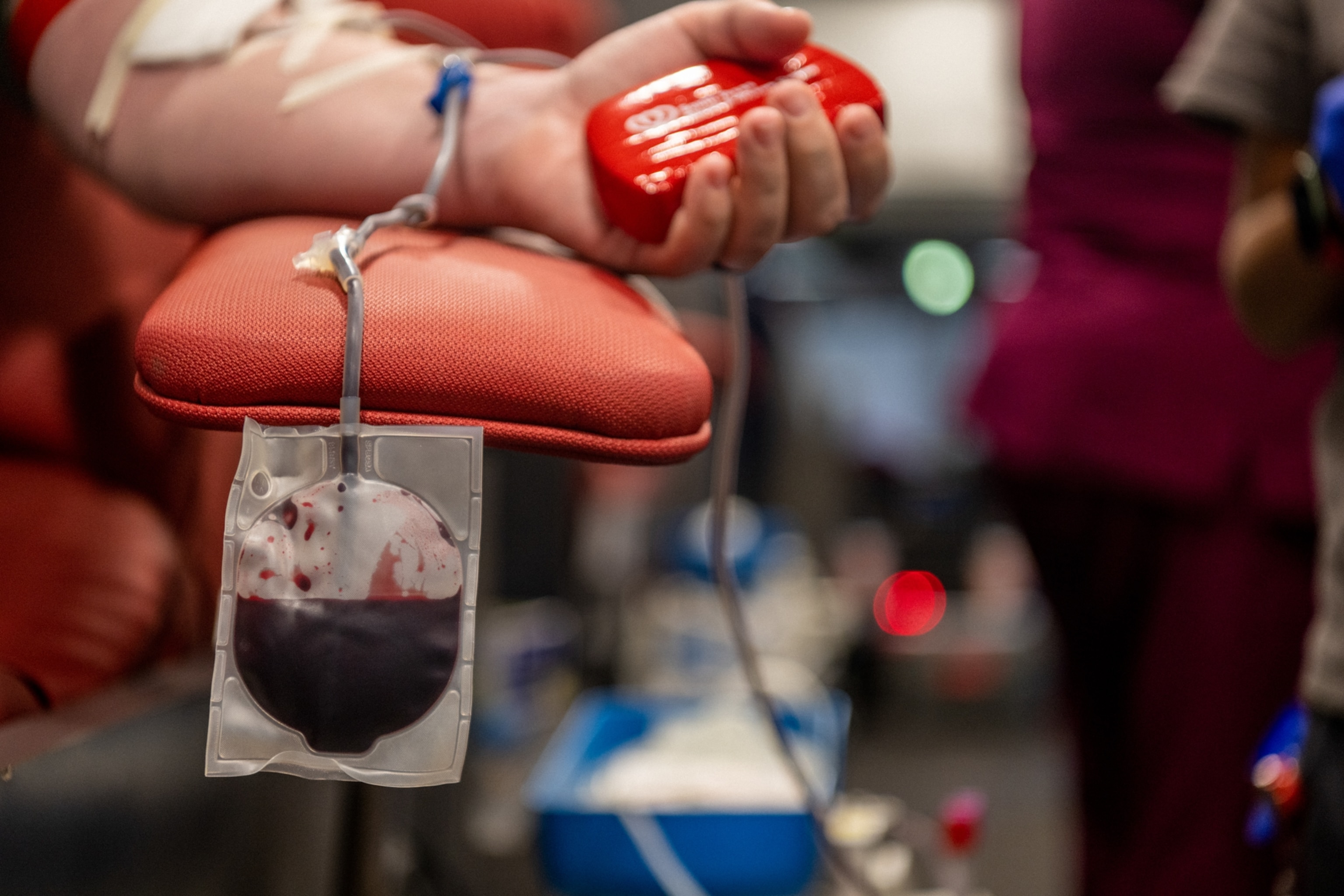 Blood is seen collecting in pouch during an emergency blood drive.