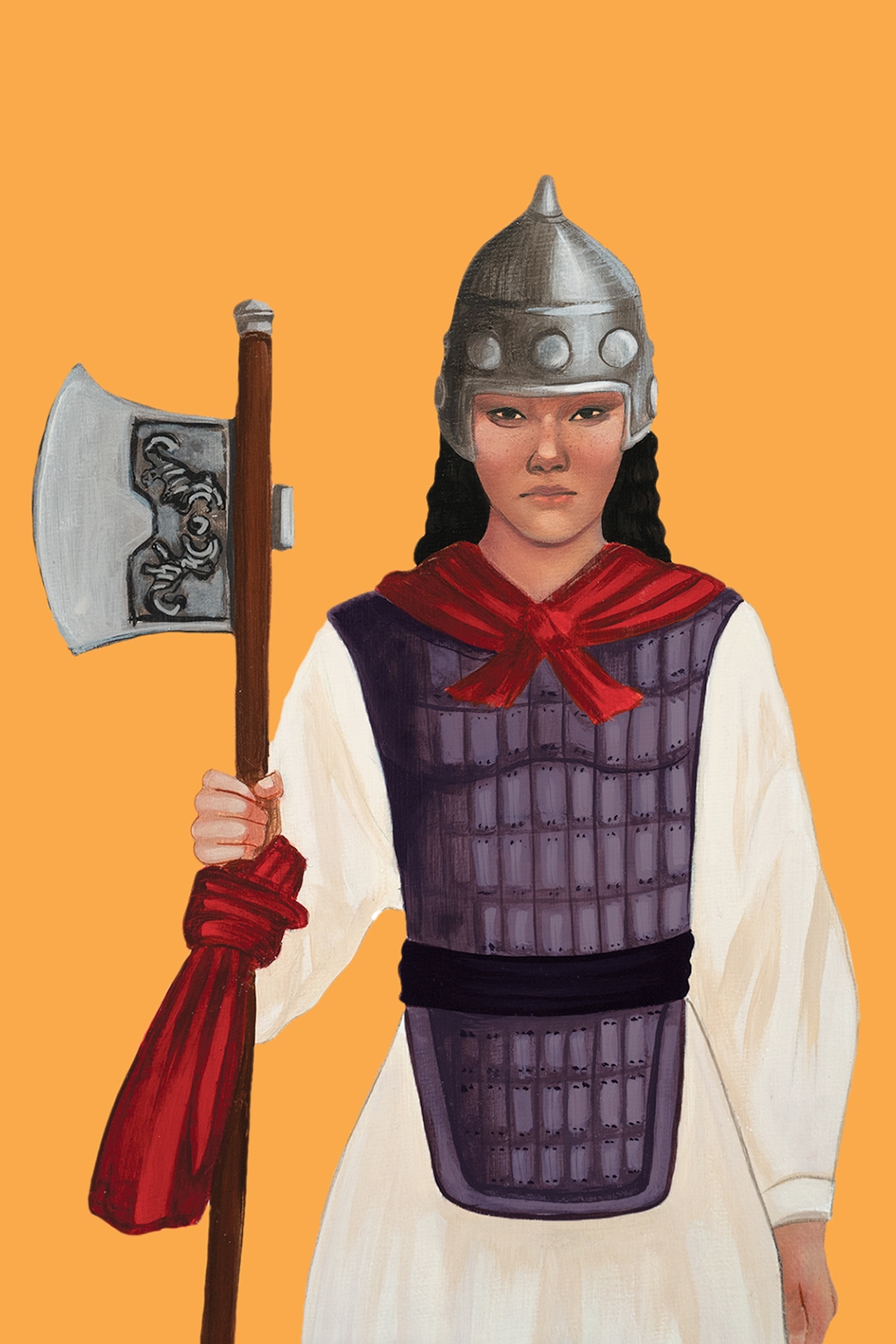 a woman in head gear holding her ax