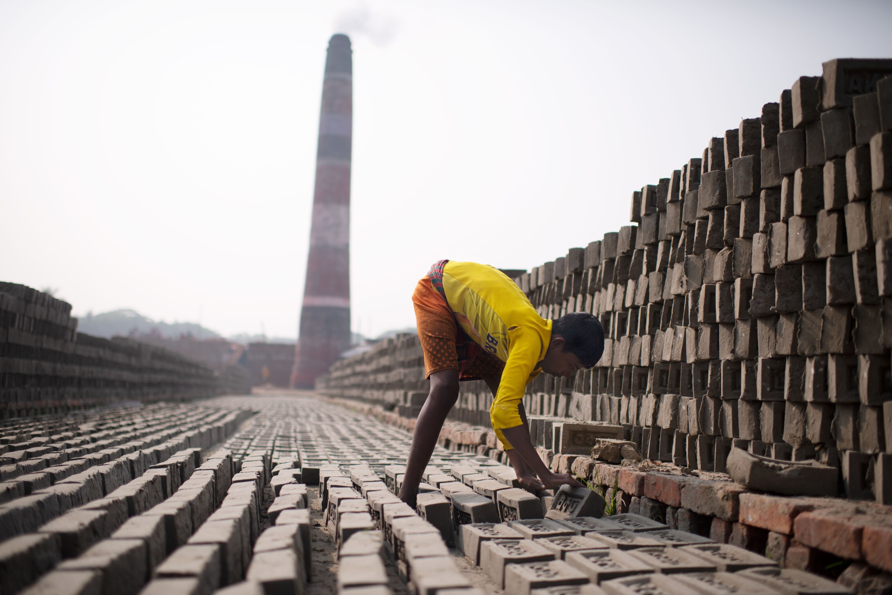a boy working in a brick field