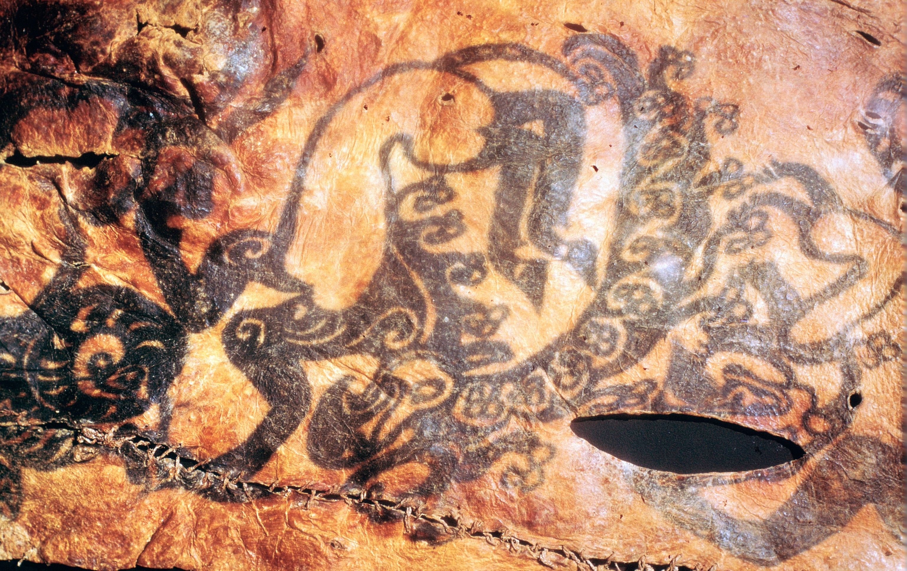 A section of mummified skin is marked with tattoos of mythical creatures.