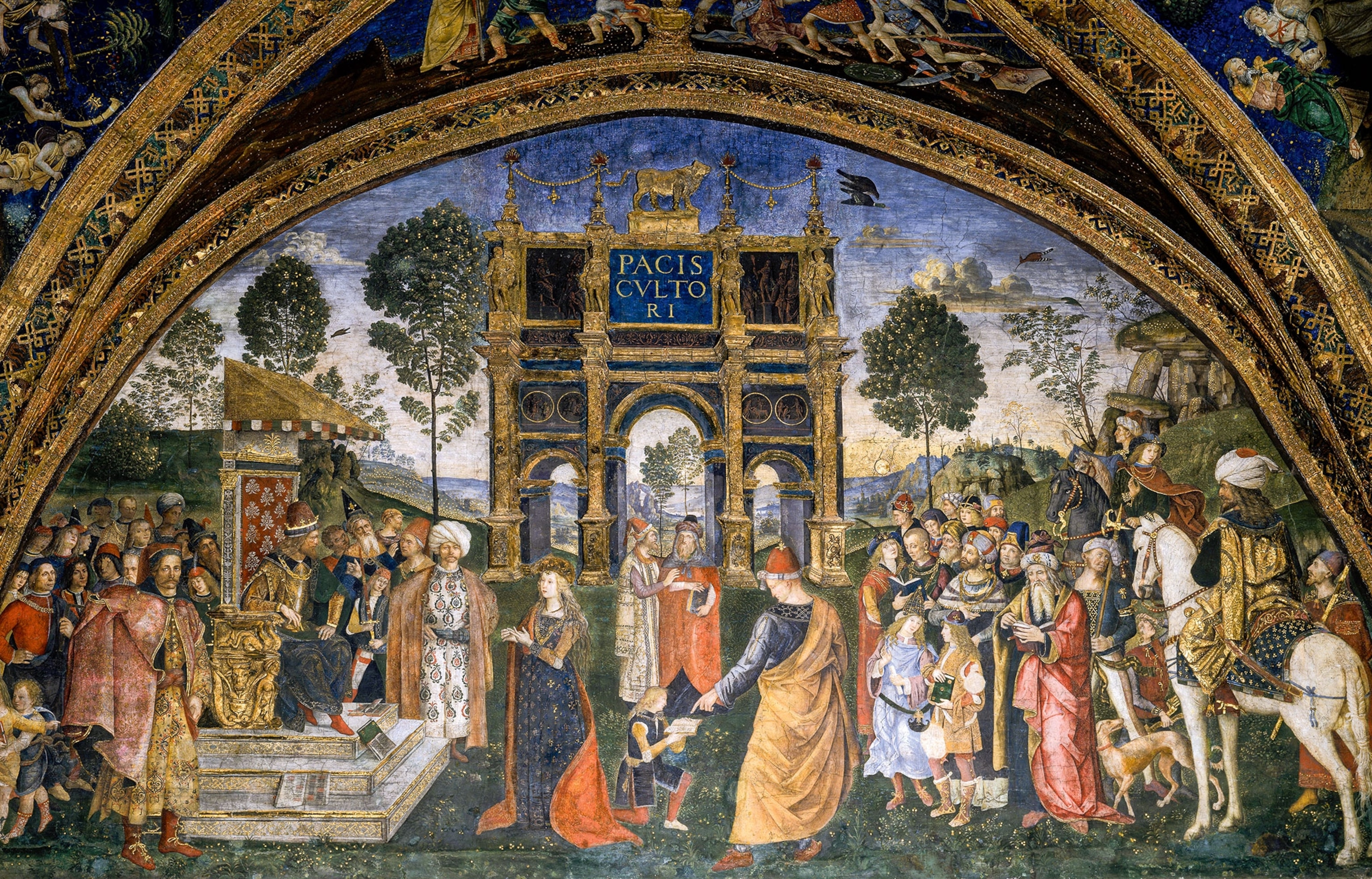 The painting in the Room of Saints features several people, including historical figures, with a man on a throne, his court, and another man on a horse