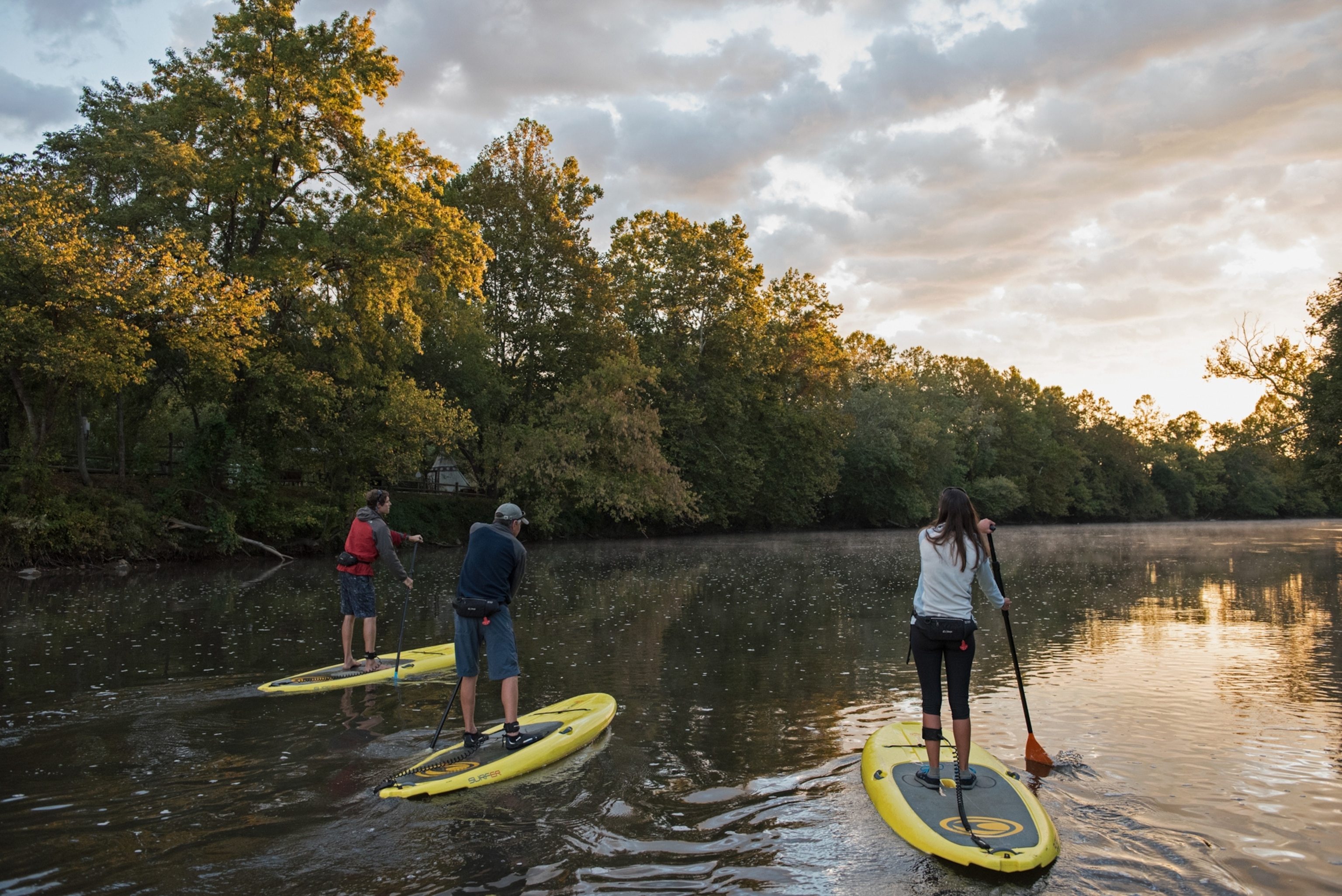 Three people on stand-up paddle boards as they travel down the French Broad River at sunset.