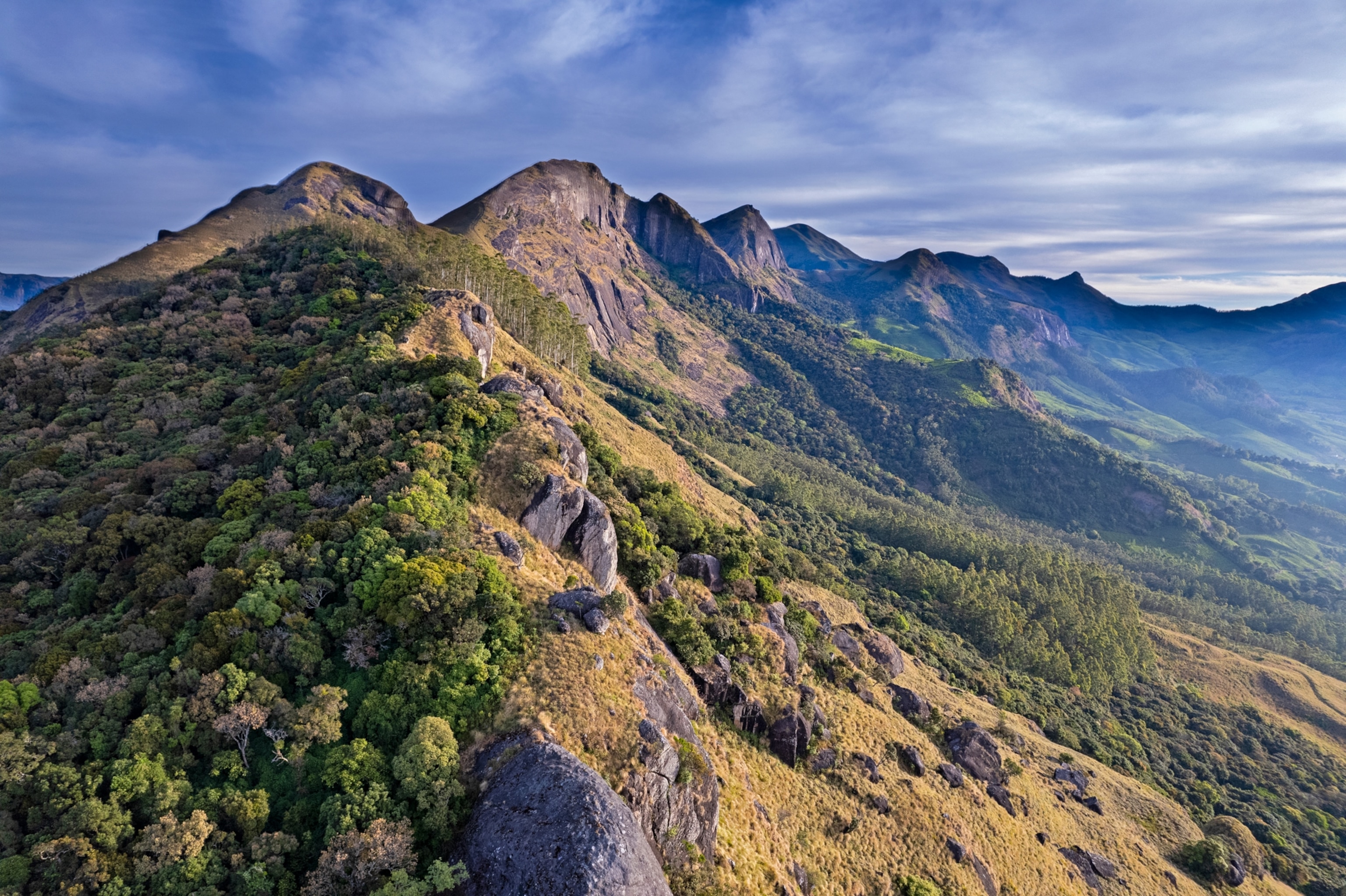 A drone view of a deciduous forest lining mountain peaks in India.
