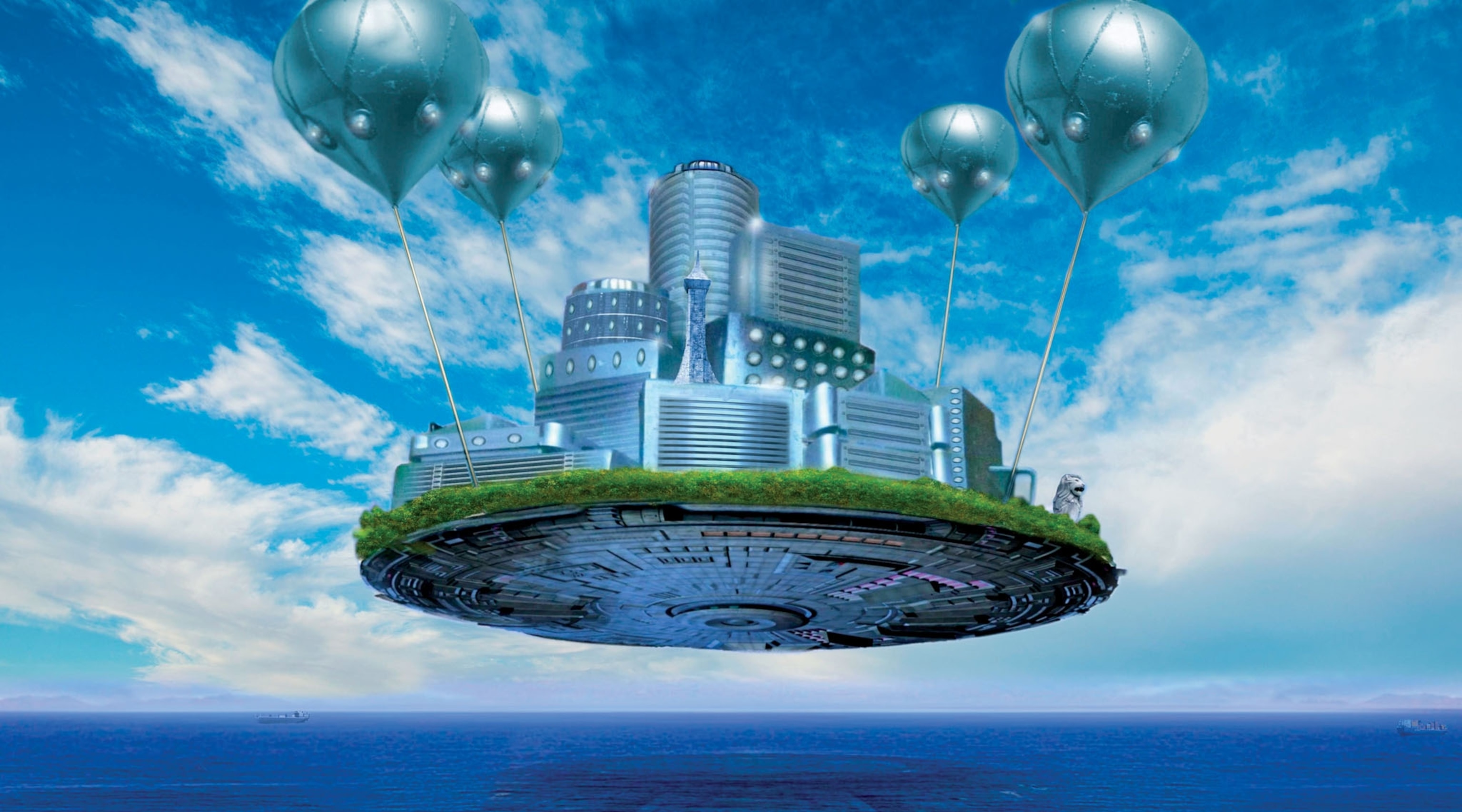 a space style city held in the air over water with large balloons