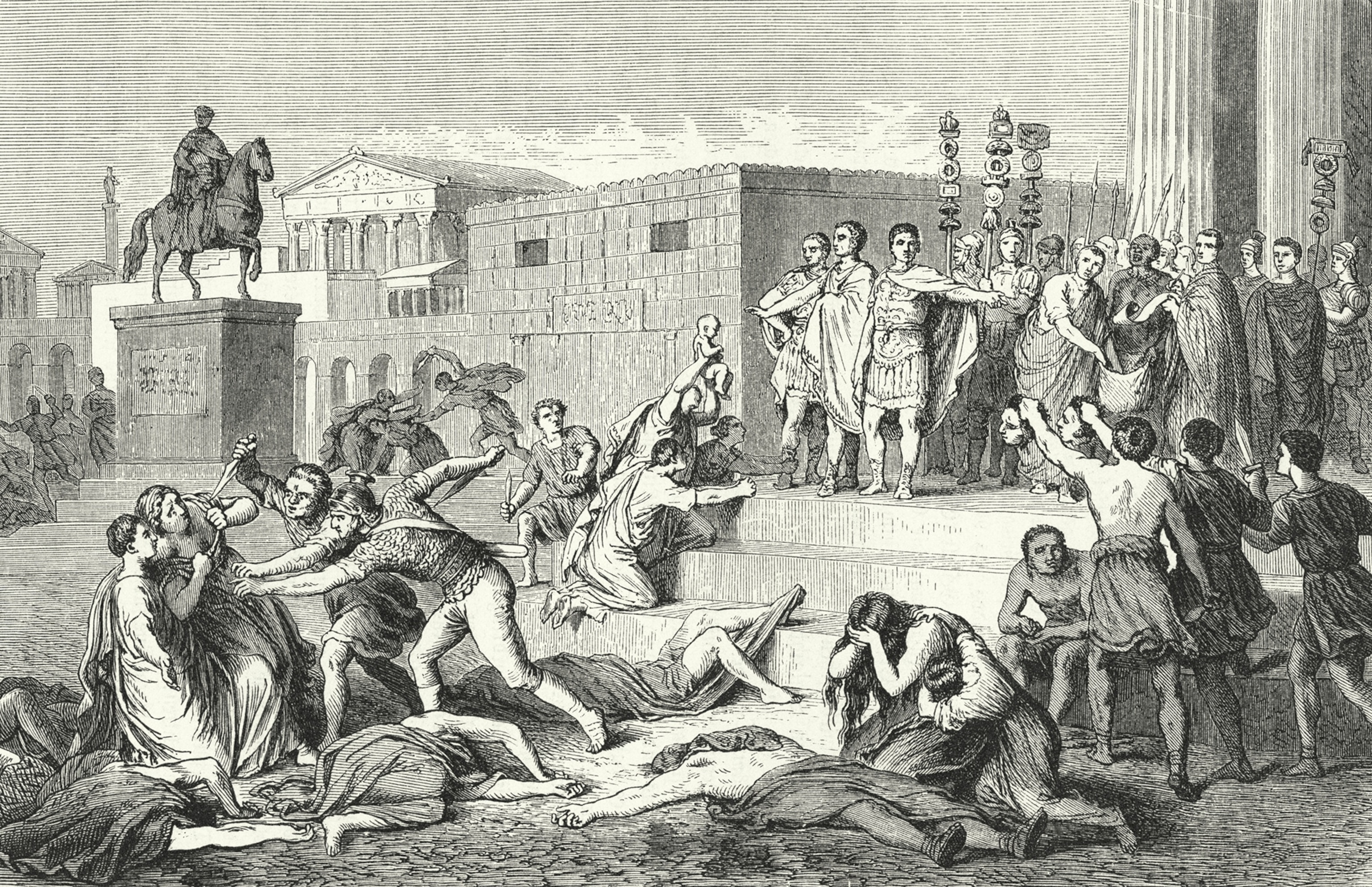 The Triumvirate of Mark Antony, Marcus Aemilius Lepidus, and Octavian proclaims proscriptions against their political enemies in an 1880 illustration for by Otto von Corvin and Wilhelm Held.